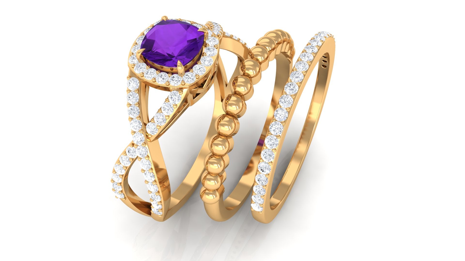 Genuine Amethyst Stackable Ring Set with Moissanite Amethyst - ( AAA ) - Quality - Rosec Jewels