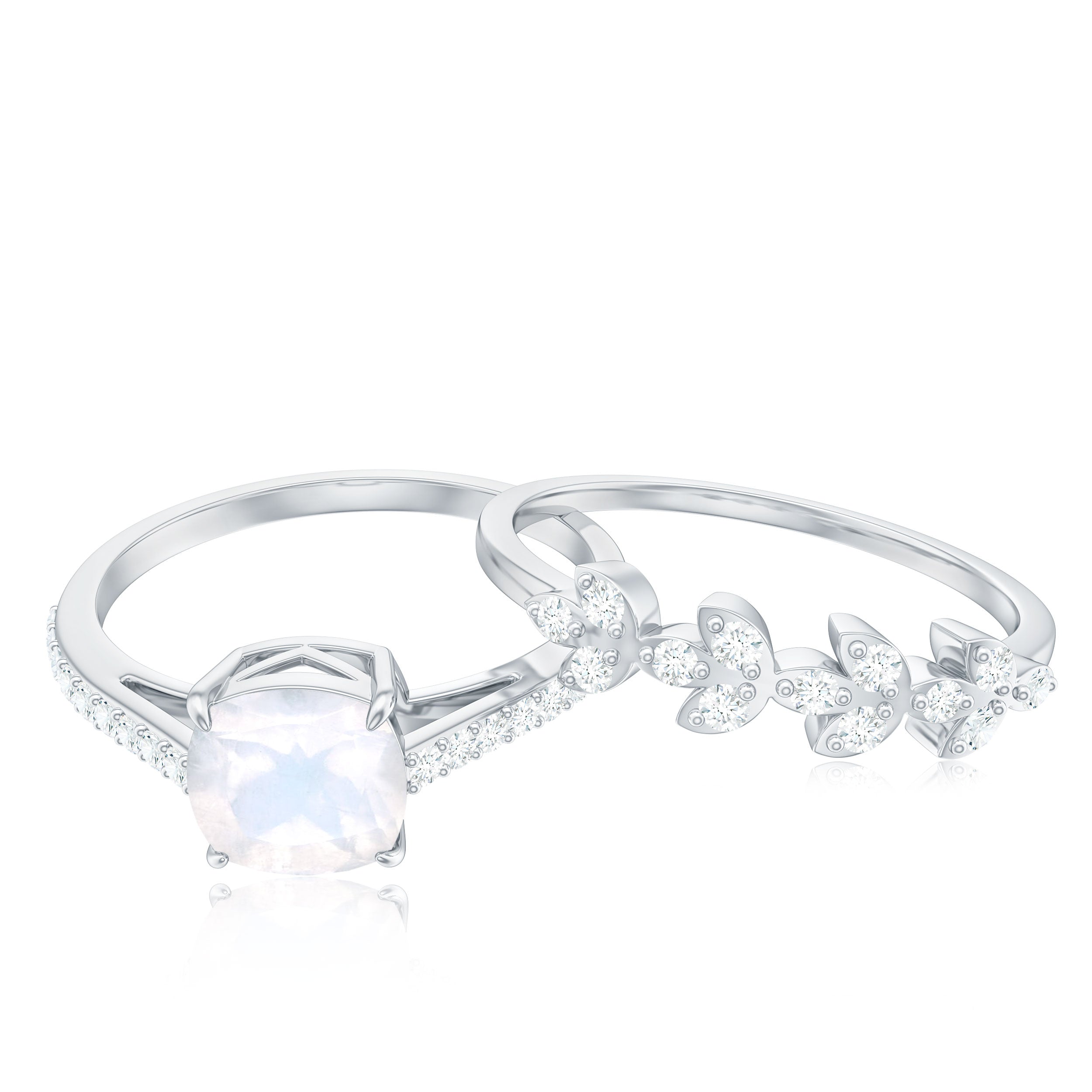 Cushion Cut Moonstone Stackable Ring Set with Diamond Moonstone - ( AAA ) - Quality - Rosec Jewels