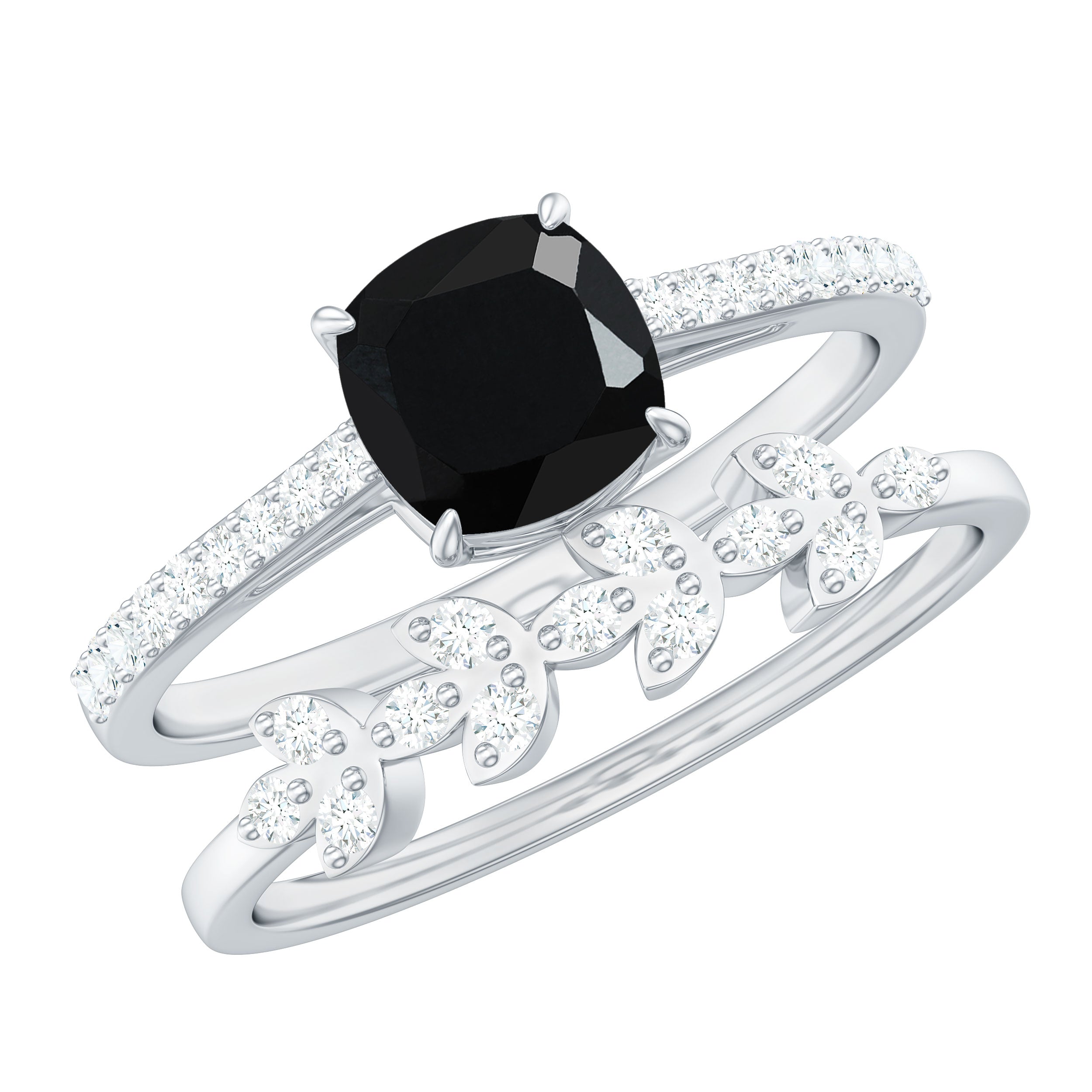 1.25 CT Natural Black Onyx and Diamond Stackable Ring Set Black Onyx - ( AAA ) - Quality - Rosec Jewels