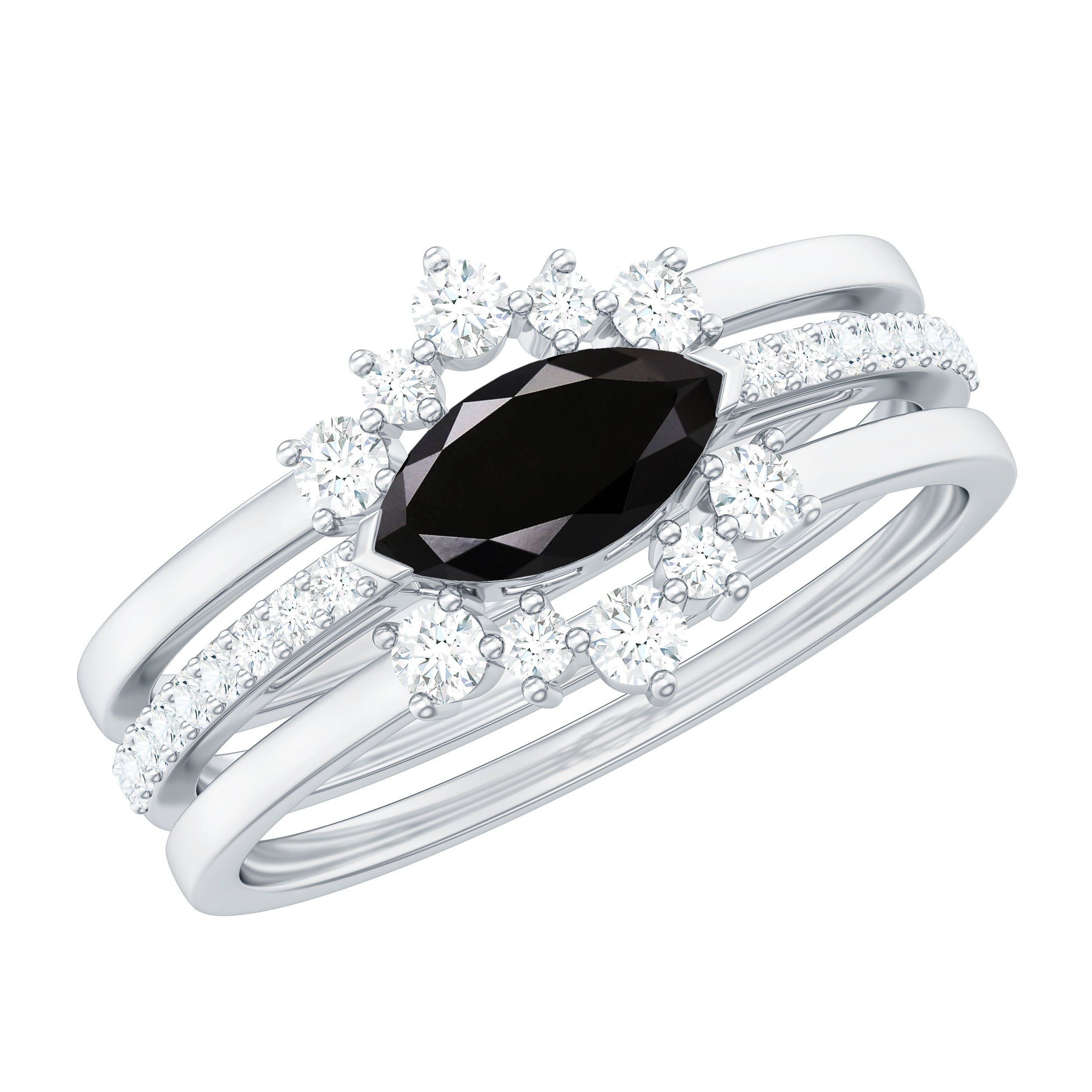 Marquise Cut Black Onyx Ring Set with Diamond Black Onyx - ( AAA ) - Quality - Rosec Jewels