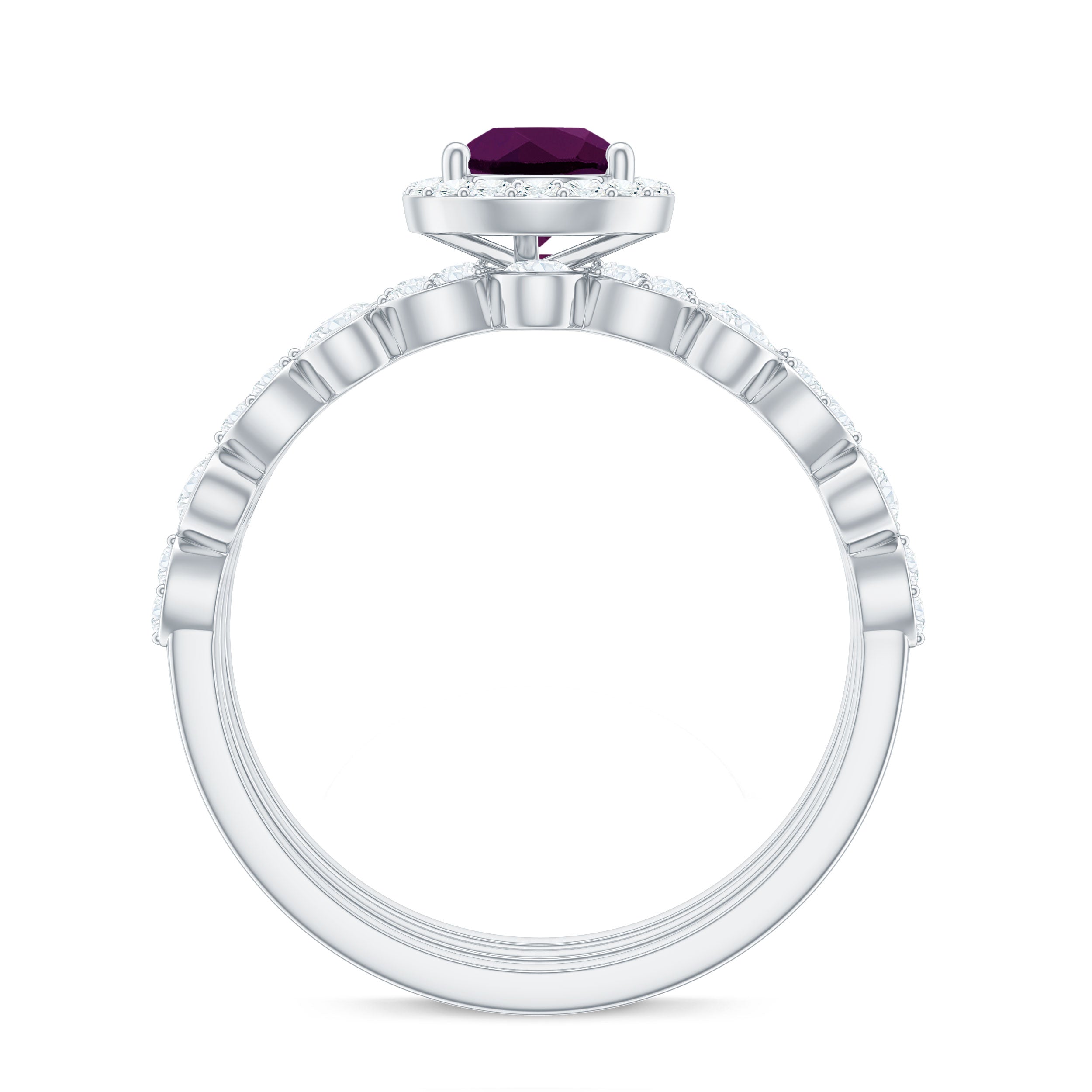 Pear Cut Rhodolite Bridal Trio Ring Set with Moissanite Halo Rhodolite - ( AAA ) - Quality - Rosec Jewels