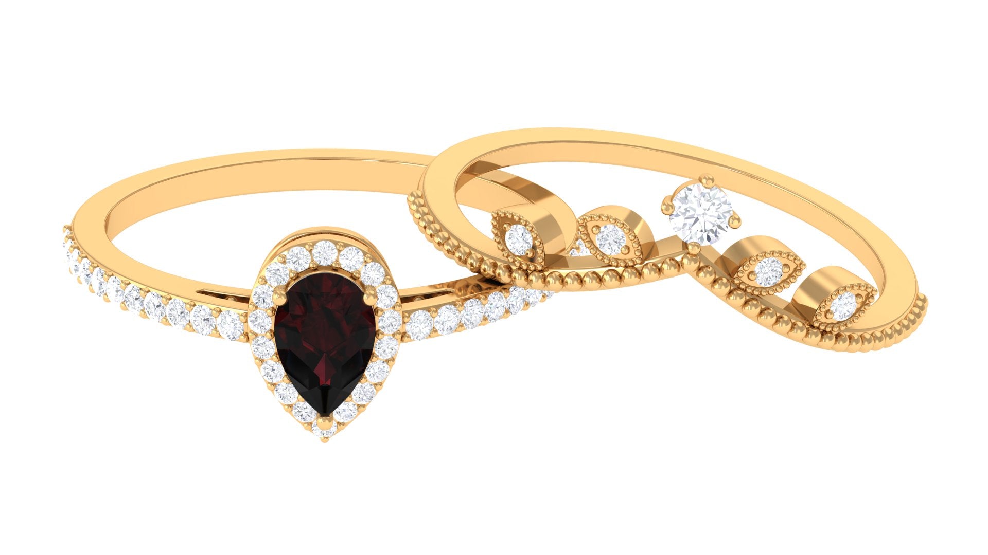 Garnet Vintage Teardrop Wedding Ring Set with Diamond Garnet - ( AAA ) - Quality - Rosec Jewels