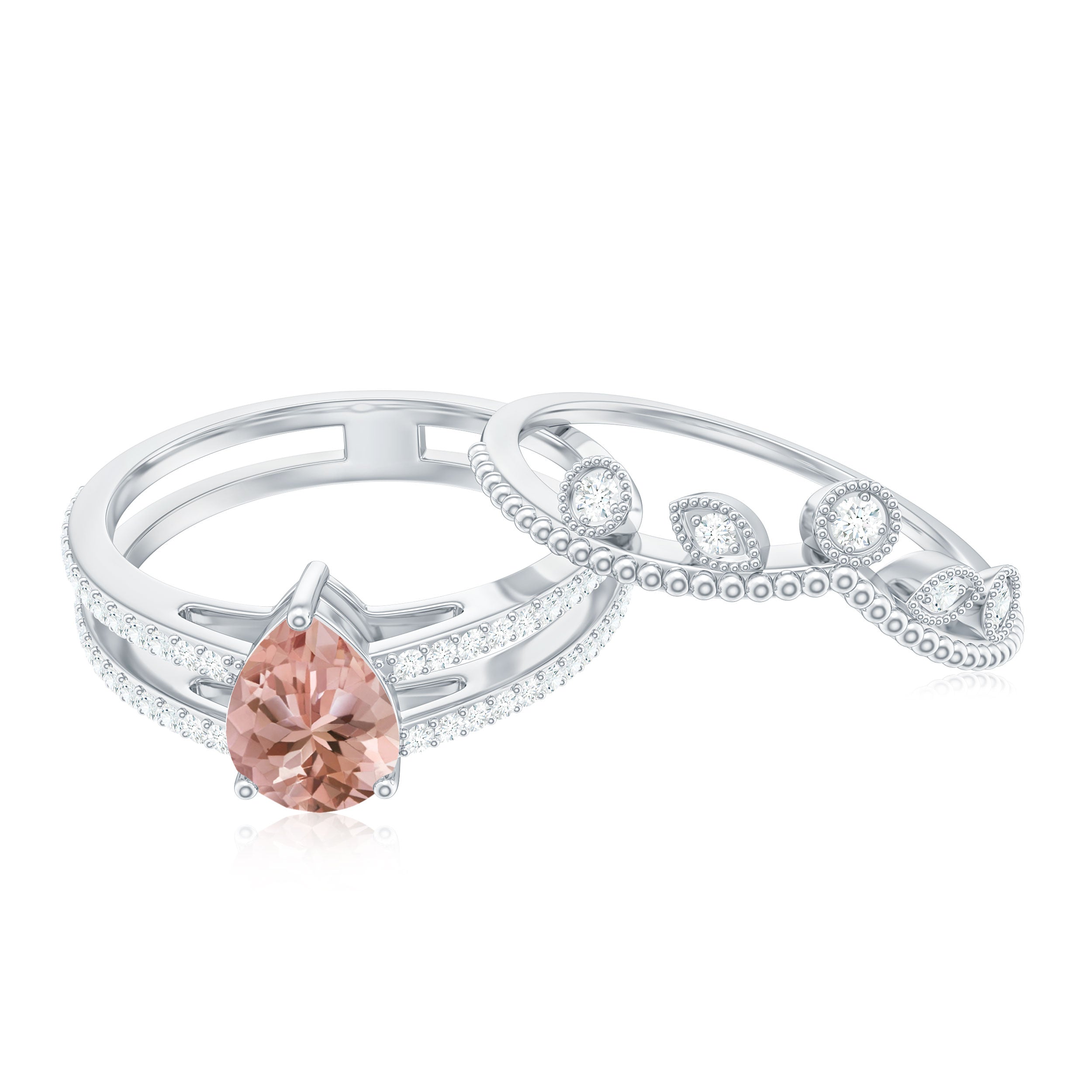 Pear Cut Natural Morganite and Diamond Wedding Ring Set Morganite - ( AAA ) - Quality - Rosec Jewels