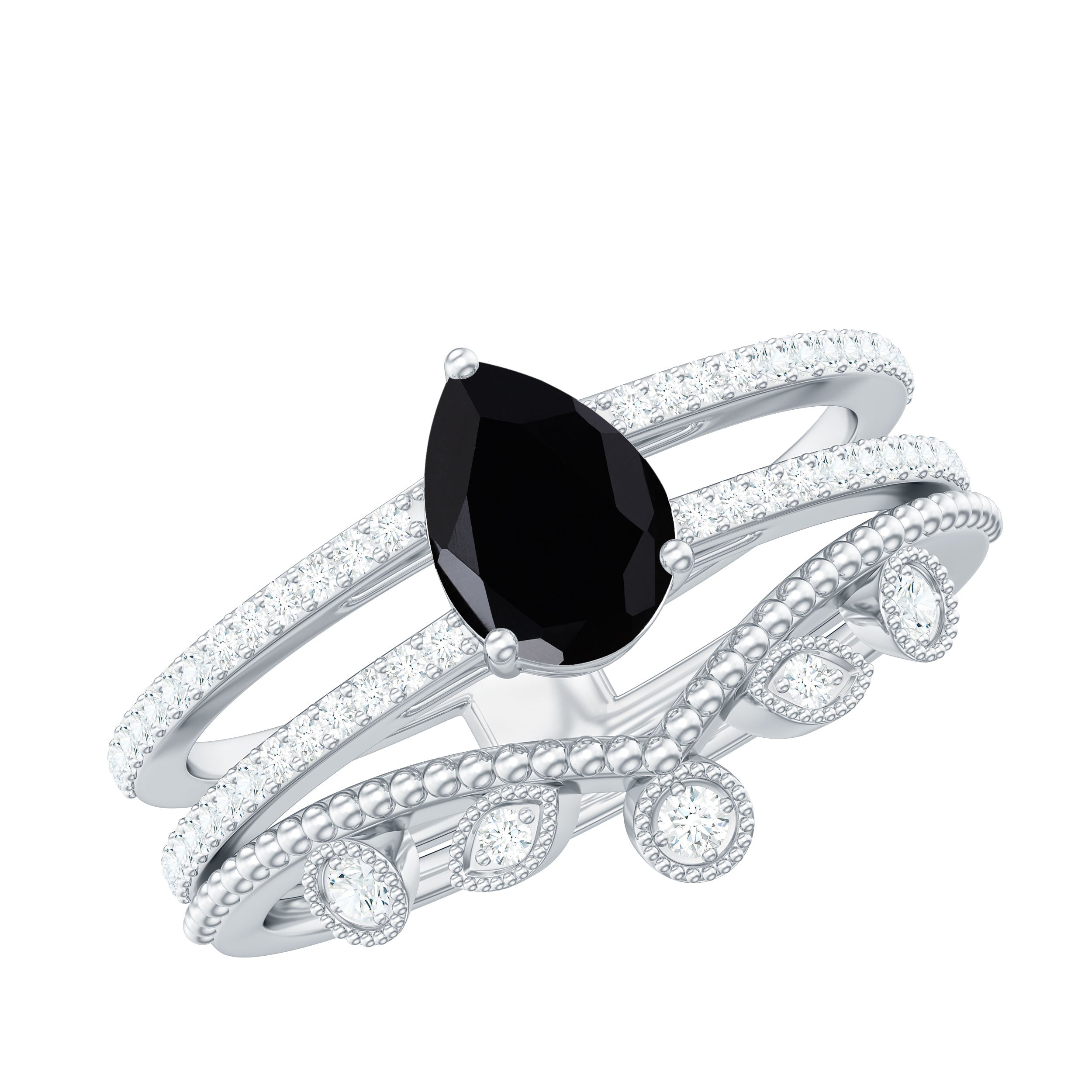 Pear Cut Real Black Onyx and Diamond Wedding Ring Set Black Onyx - ( AAA ) - Quality - Rosec Jewels