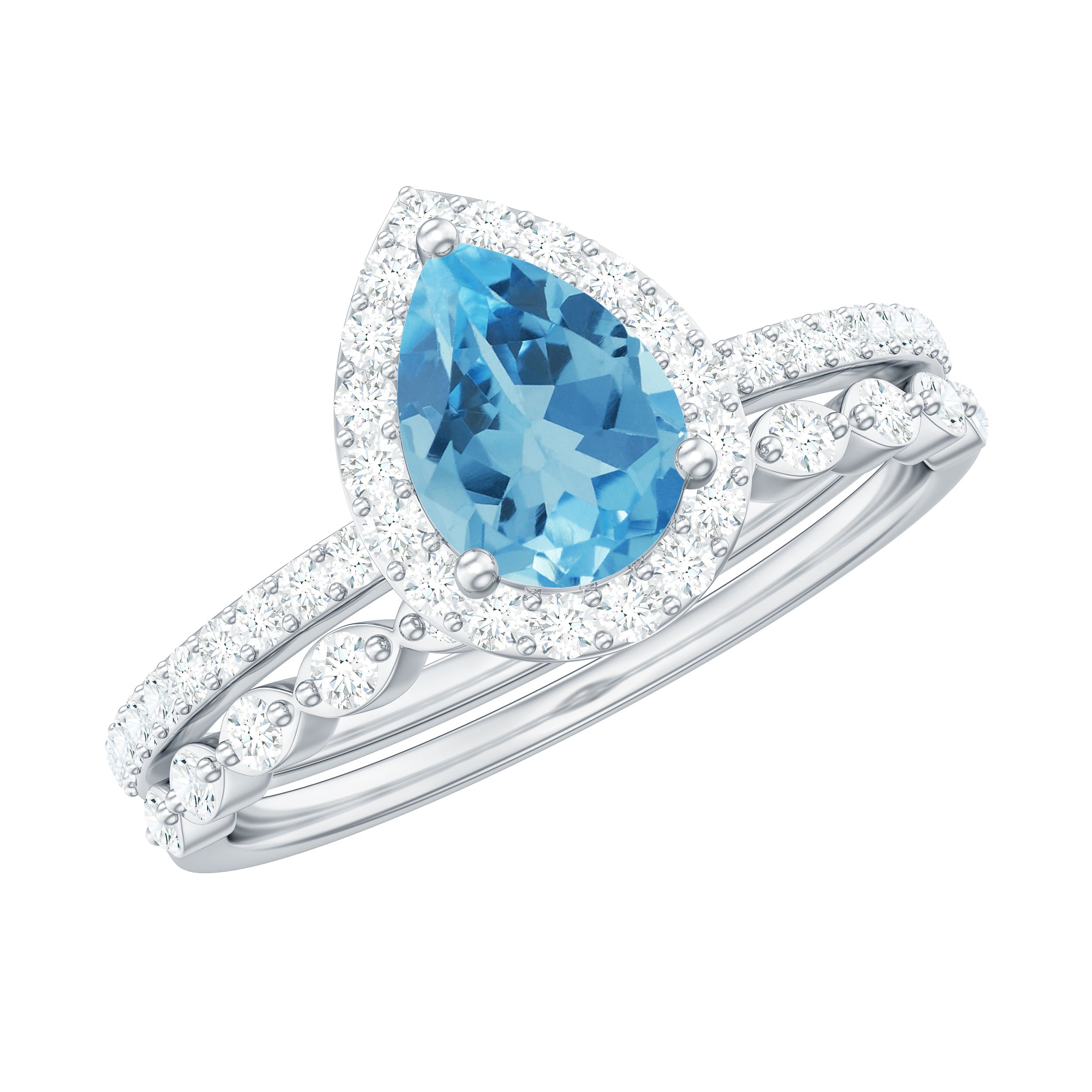 Teardrop Swiss Blue Topaz Bridal Ring Set with Diamond Swiss Blue Topaz - ( AAA ) - Quality - Rosec Jewels