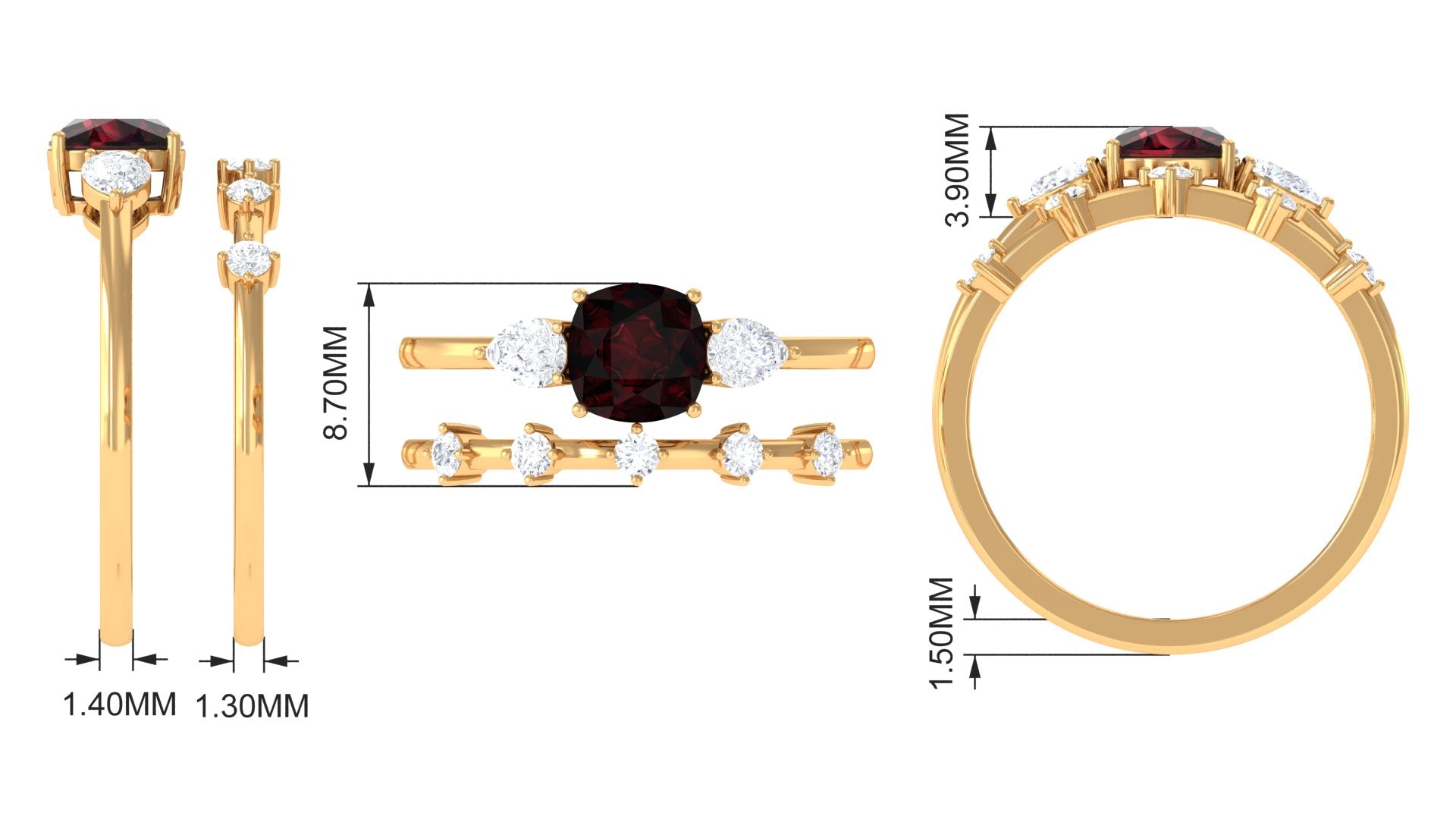 Cushion Cut Real Garnet Ring Set with Diamond Garnet - ( AAA ) - Quality - Rosec Jewels