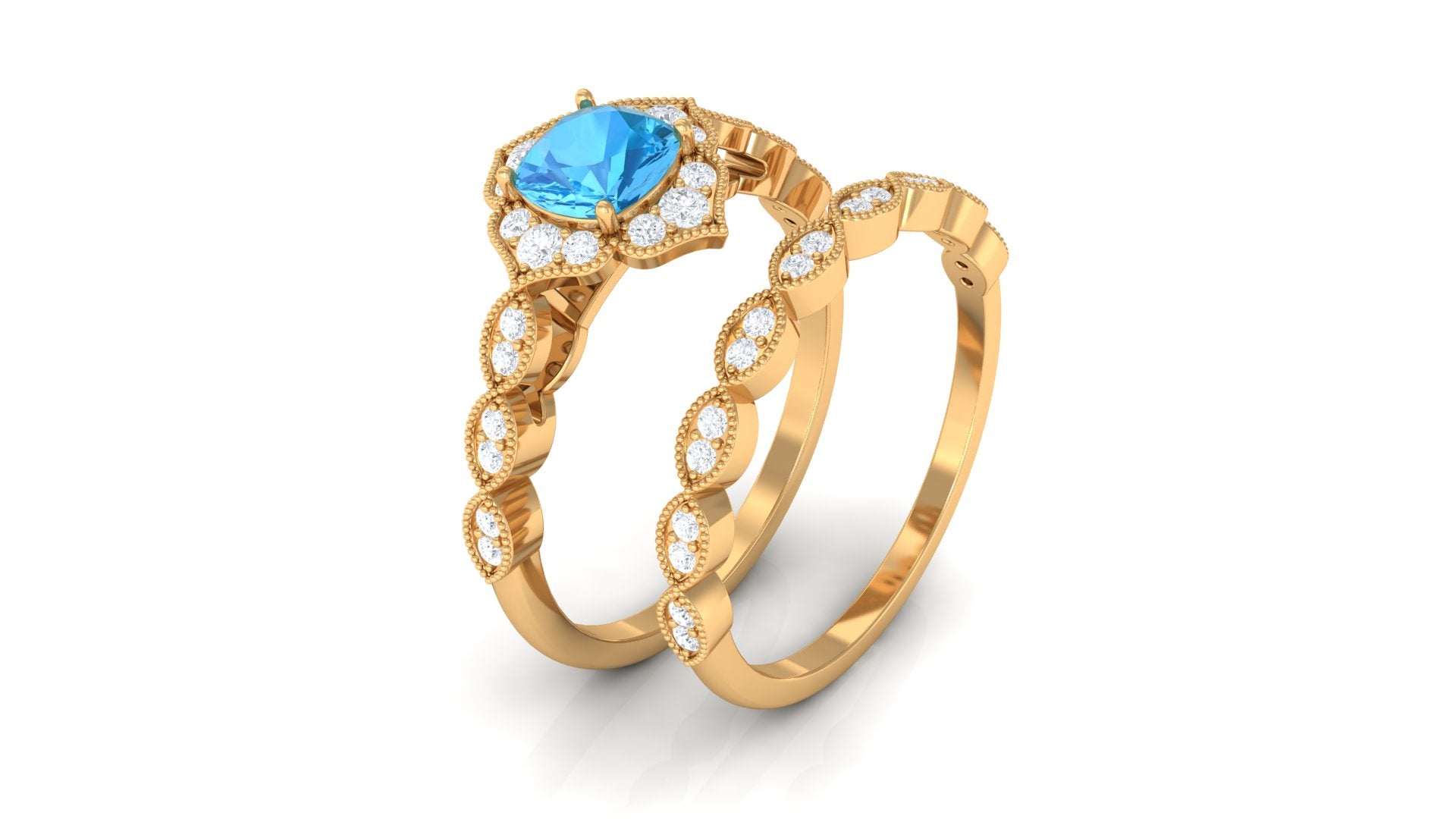 Swiss Blue Topaz Flower Ring Set with Diamond Swiss Blue Topaz - ( AAA ) - Quality - Rosec Jewels