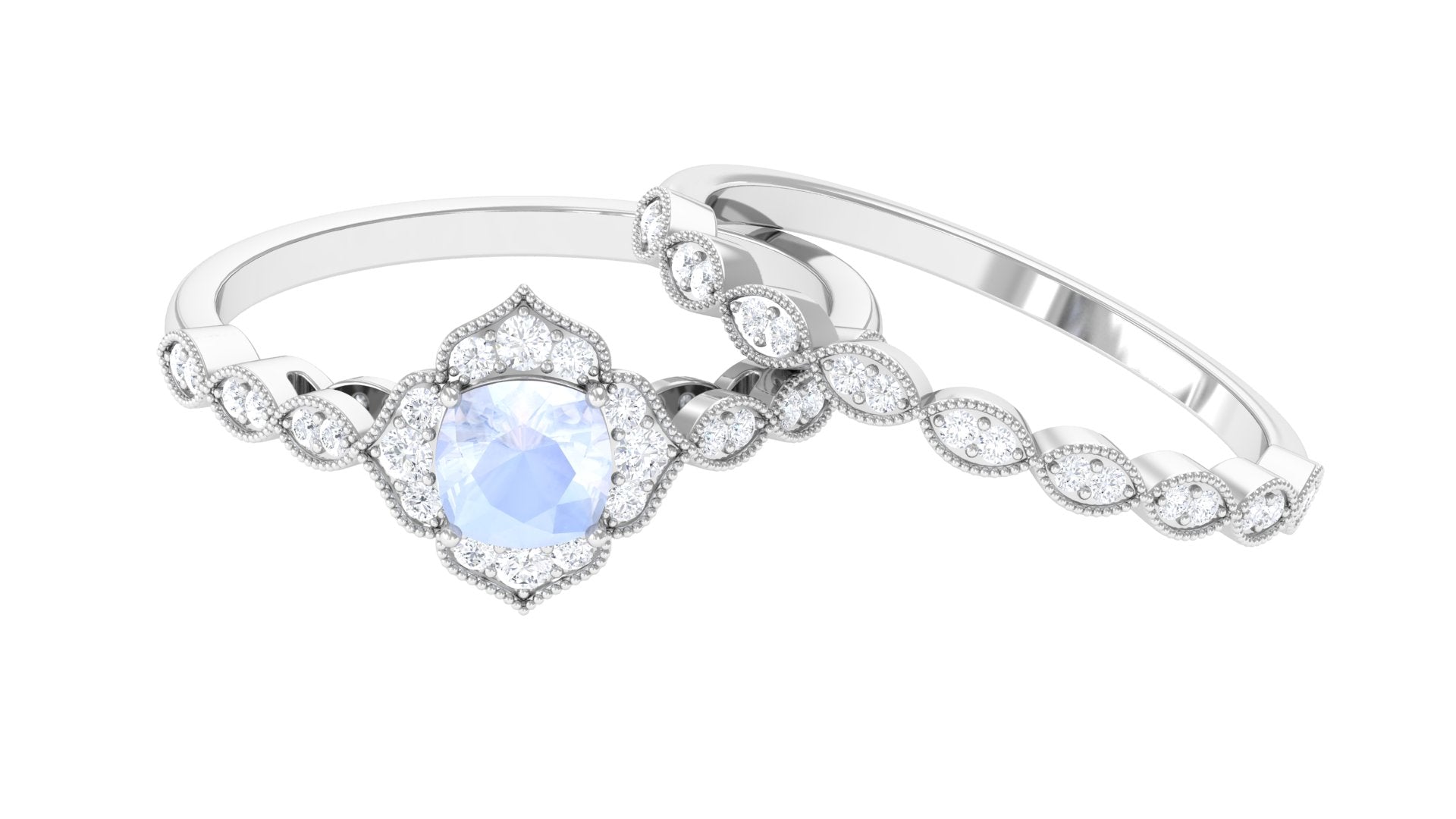 Moonstone Flower Ring Set with Diamond Moonstone - ( AAA ) - Quality - Rosec Jewels