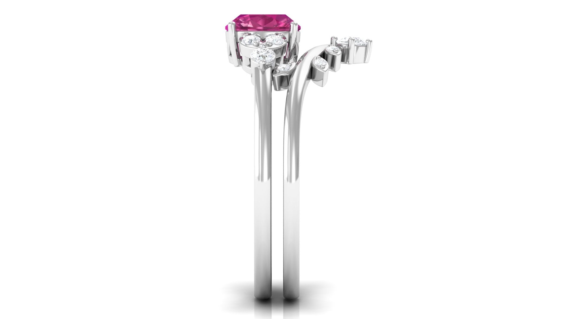 Pink Tourmaline and Diamond Ring Set with Leaf Motif Pink Tourmaline - ( AAA ) - Quality - Rosec Jewels