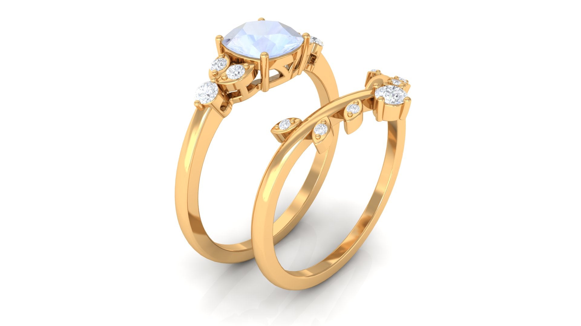 Moonstone and Diamond Ring Set with Leaf Motif Moonstone - ( AAA ) - Quality - Rosec Jewels