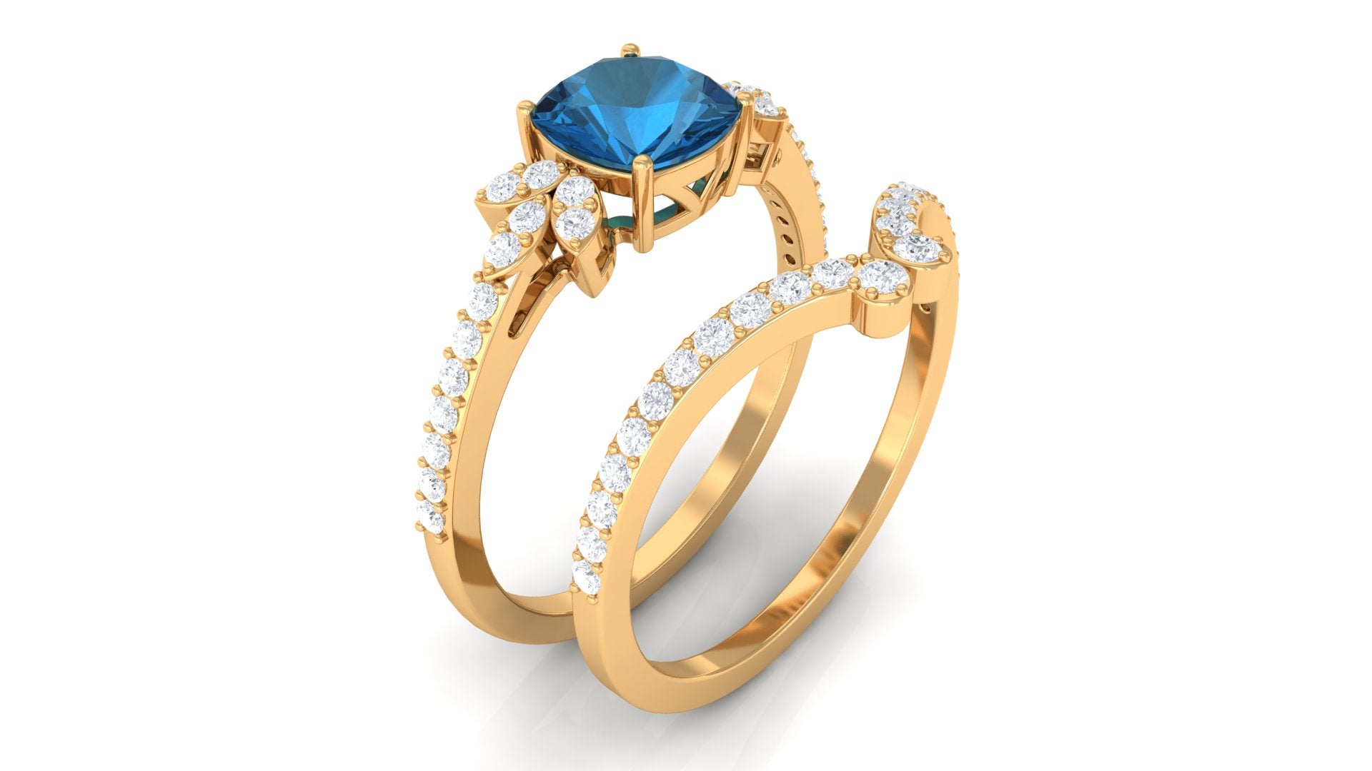 Cushion Cut London Blue Topaz and Diamond Bridal Ring Set London Blue Topaz - ( AAA ) - Quality - Rosec Jewels