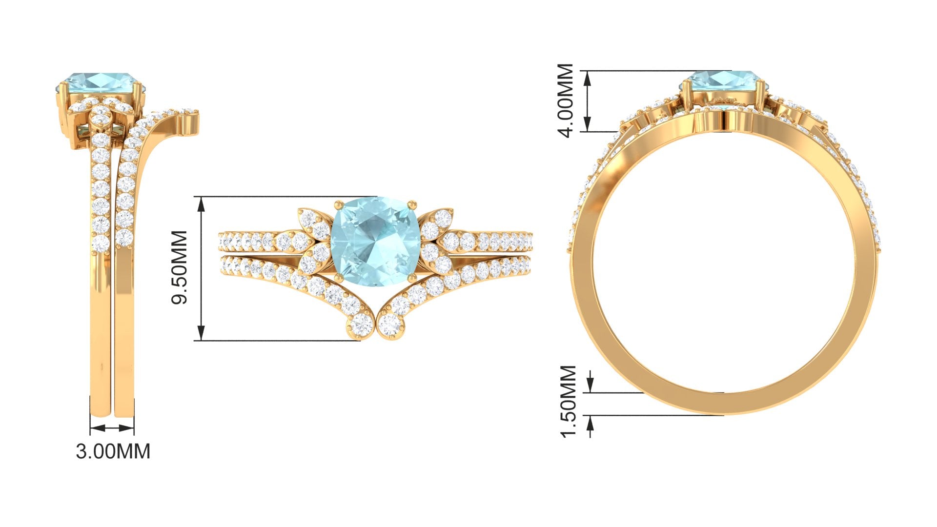 2 CT Cushion Cut Sky Blue Topaz and Diamond Bridal Ring Set Sky Blue Topaz - ( AAA ) - Quality - Rosec Jewels