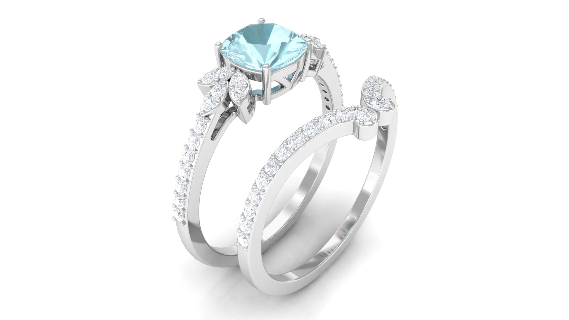 2 CT Cushion Cut Sky Blue Topaz and Diamond Bridal Ring Set Sky Blue Topaz - ( AAA ) - Quality - Rosec Jewels