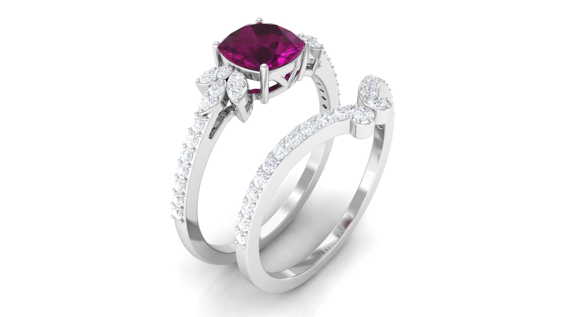 2.50 CT Cushion Cut Rhodolite and Diamond Bridal Ring Set Rhodolite - ( AAA ) - Quality - Rosec Jewels