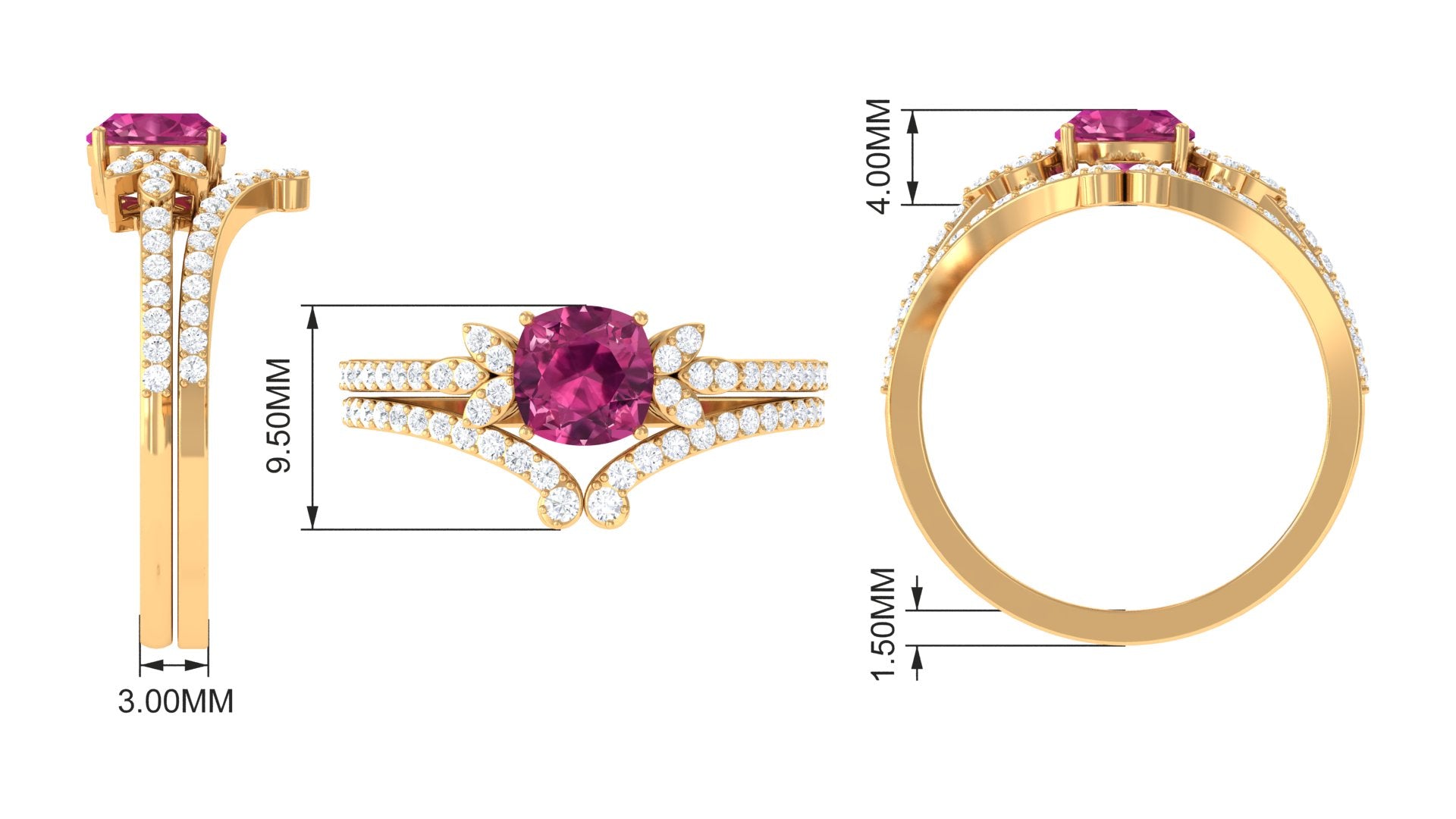 Cushion Cut Pink Tourmaline and Diamond Bridal Ring Set Pink Tourmaline - ( AAA ) - Quality - Rosec Jewels