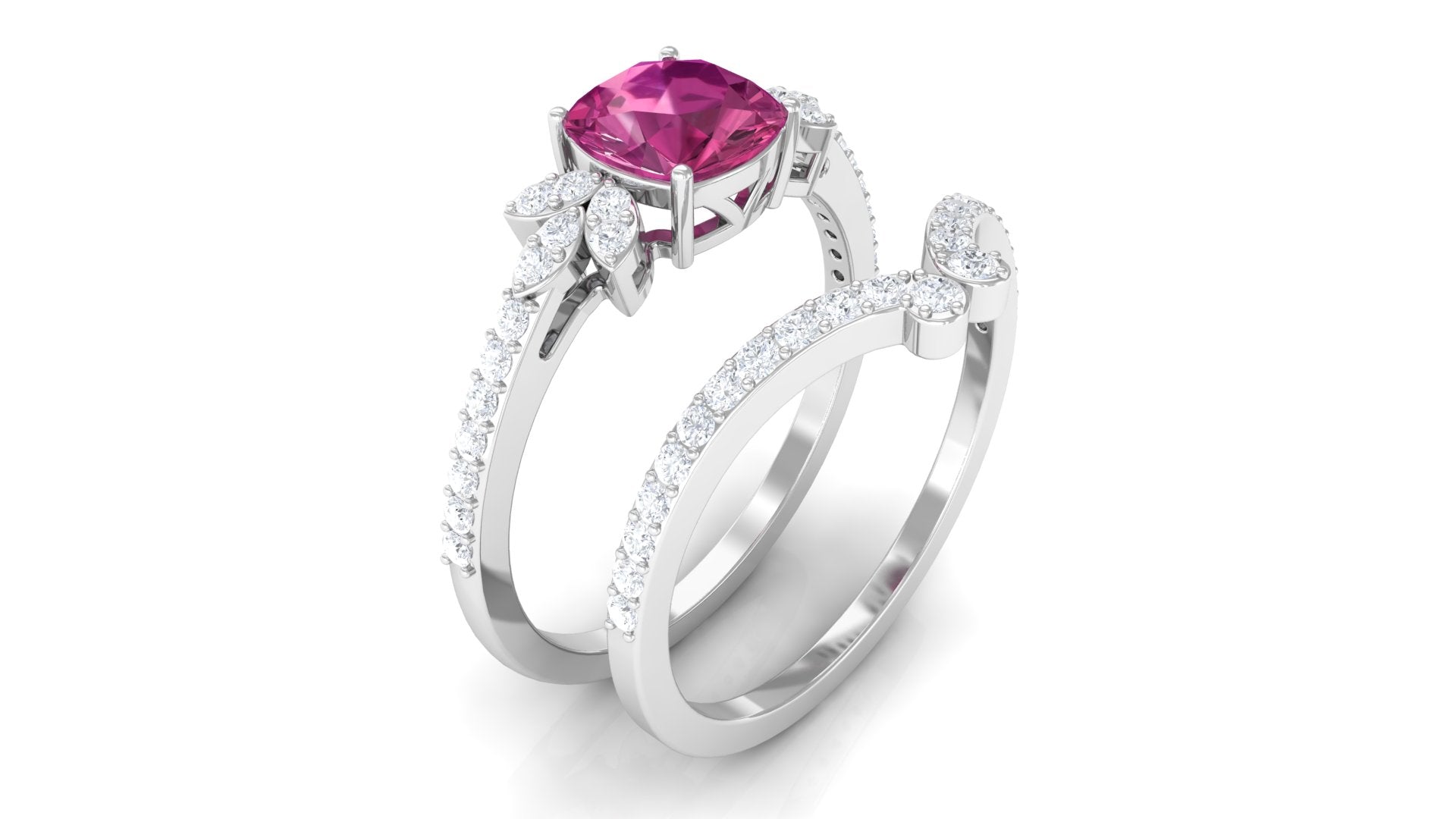 Cushion Cut Pink Tourmaline and Diamond Bridal Ring Set Pink Tourmaline - ( AAA ) - Quality - Rosec Jewels