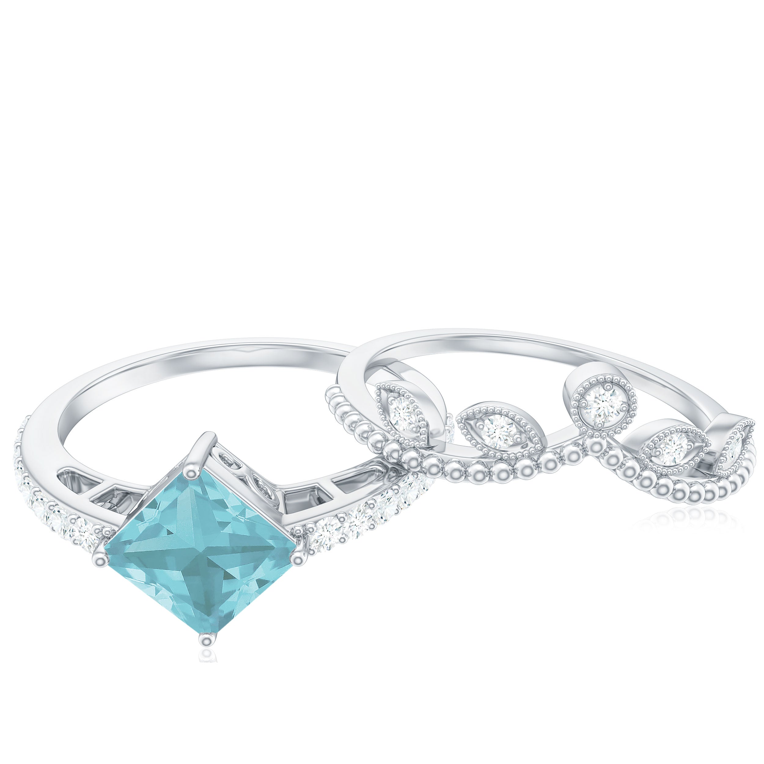 1.25 CT Princess Cut Sky Blue Topaz Vintage Ring Set with Diamond Sky Blue Topaz - ( AAA ) - Quality - Rosec Jewels