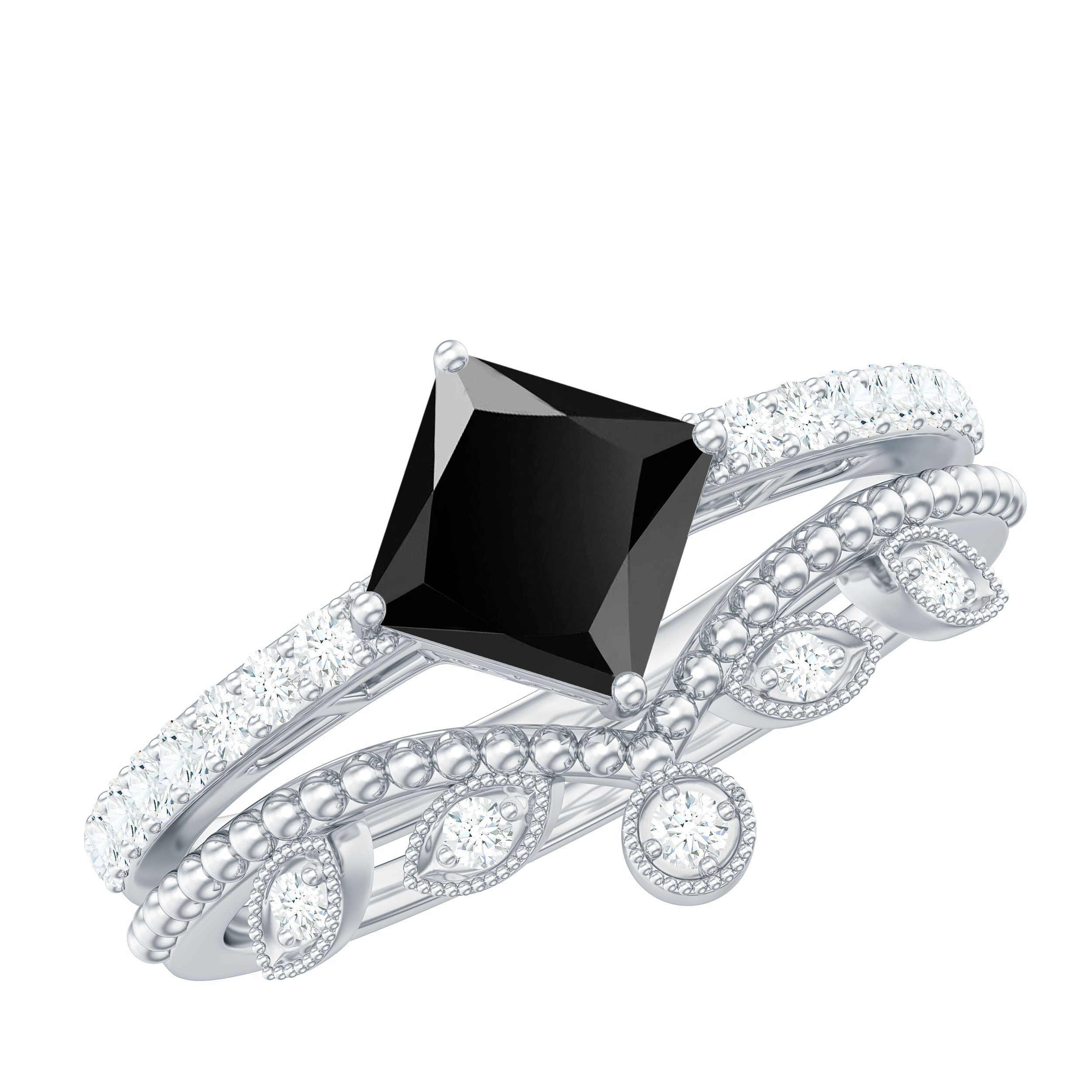 1 CT Princess Cut Black Onyx Vintage Ring Set with Diamond Black Onyx - ( AAA ) - Quality - Rosec Jewels