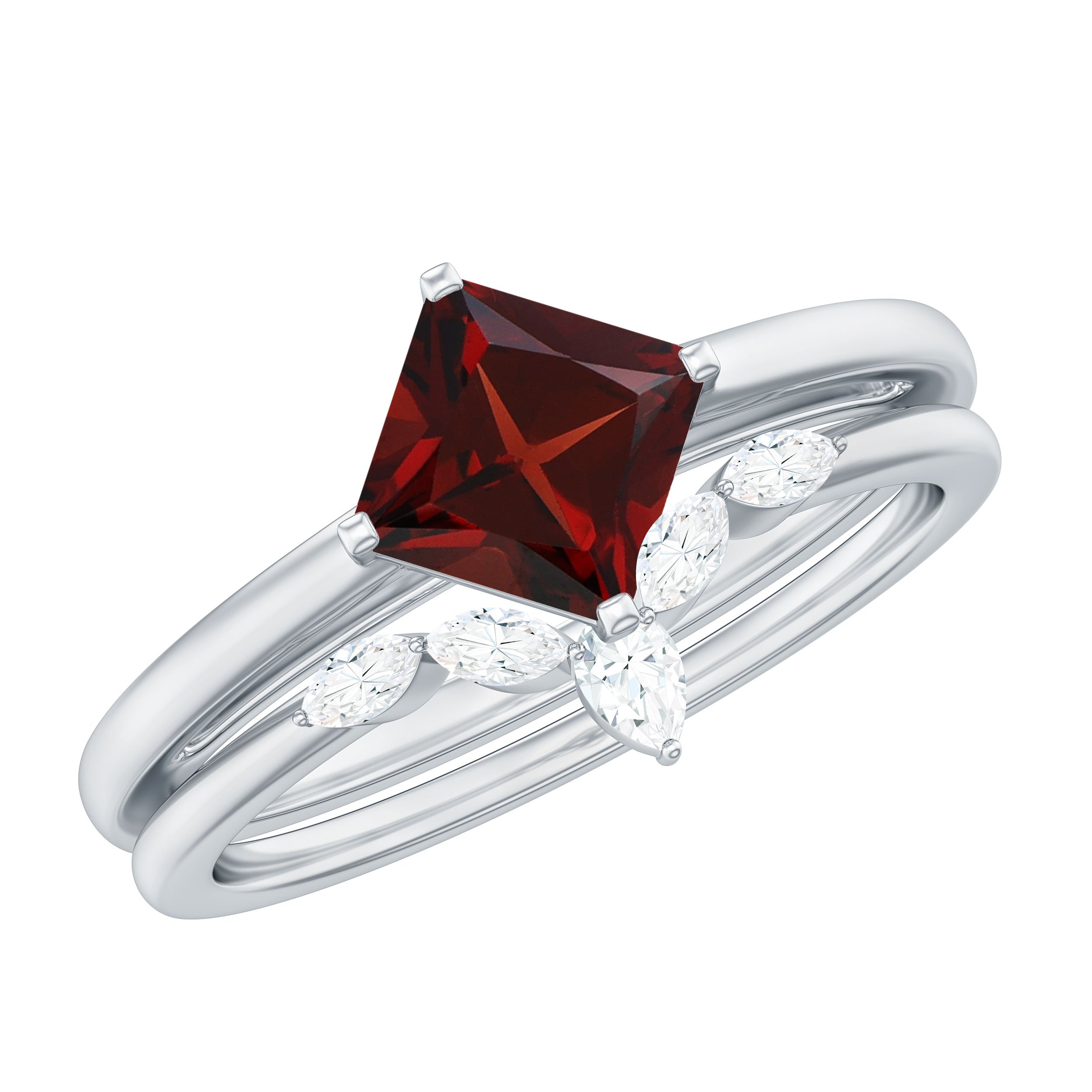 Princess Cut Garnet and Diamond Solitaire Ring Set Garnet - ( AAA ) - Quality - Rosec Jewels