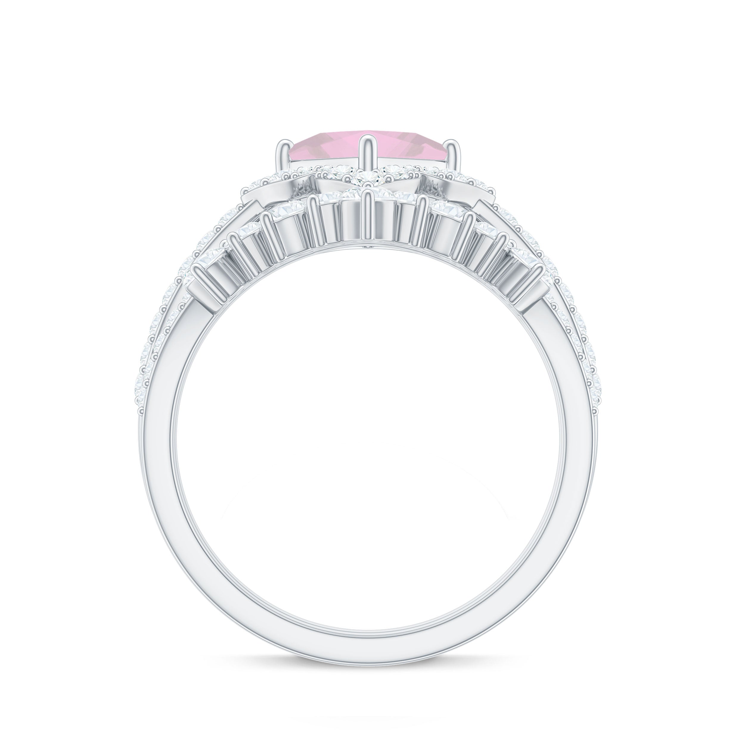 Rose Quartz and Moissanite Statement Wedding Ring Set Rose Quartz - ( AAA ) - Quality - Rosec Jewels