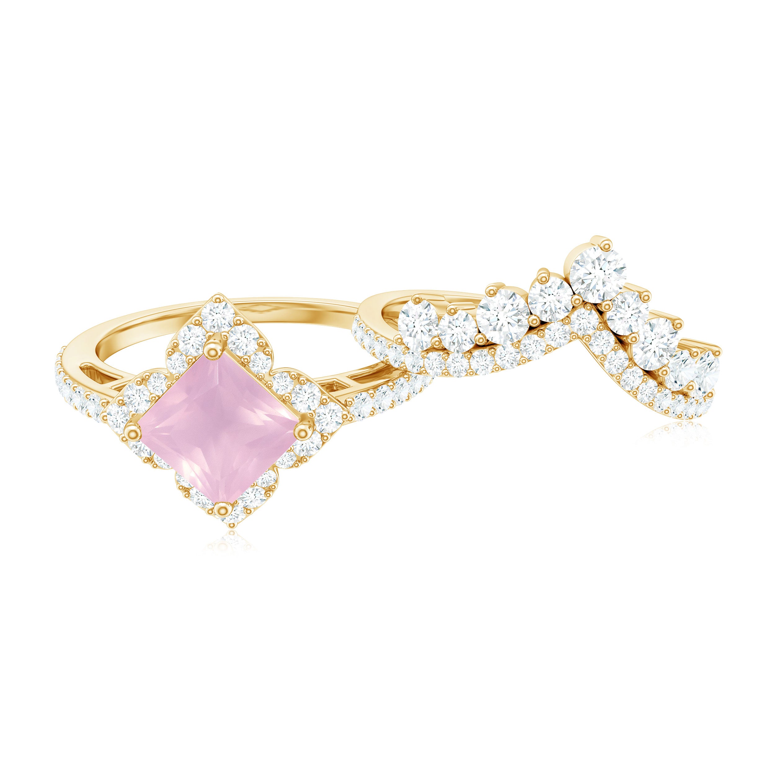 Rose Quartz and Moissanite Statement Wedding Ring Set Rose Quartz - ( AAA ) - Quality - Rosec Jewels