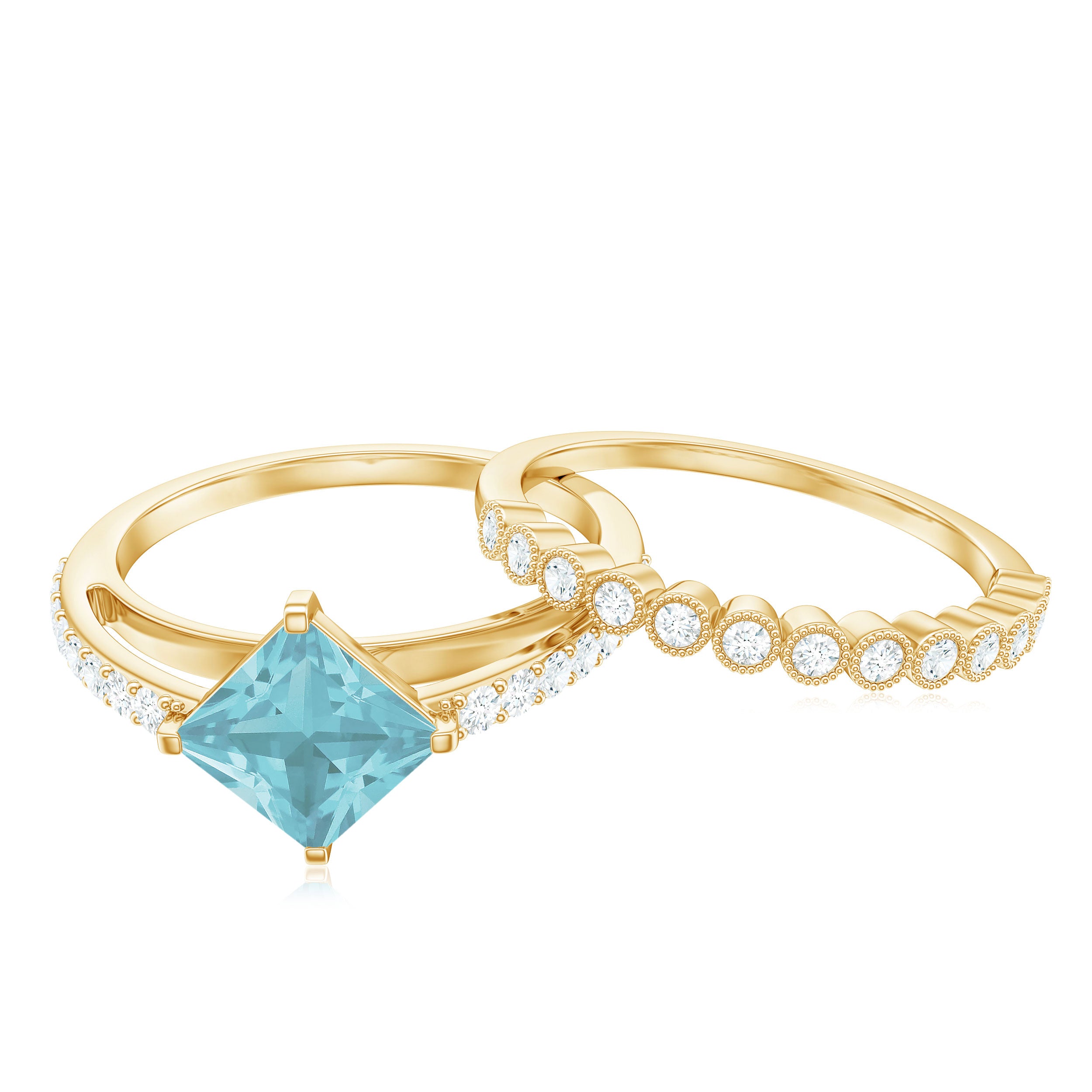 Solitaire Sky Blue Topaz and Diamond Beaded Ring Set Sky Blue Topaz - ( AAA ) - Quality - Rosec Jewels