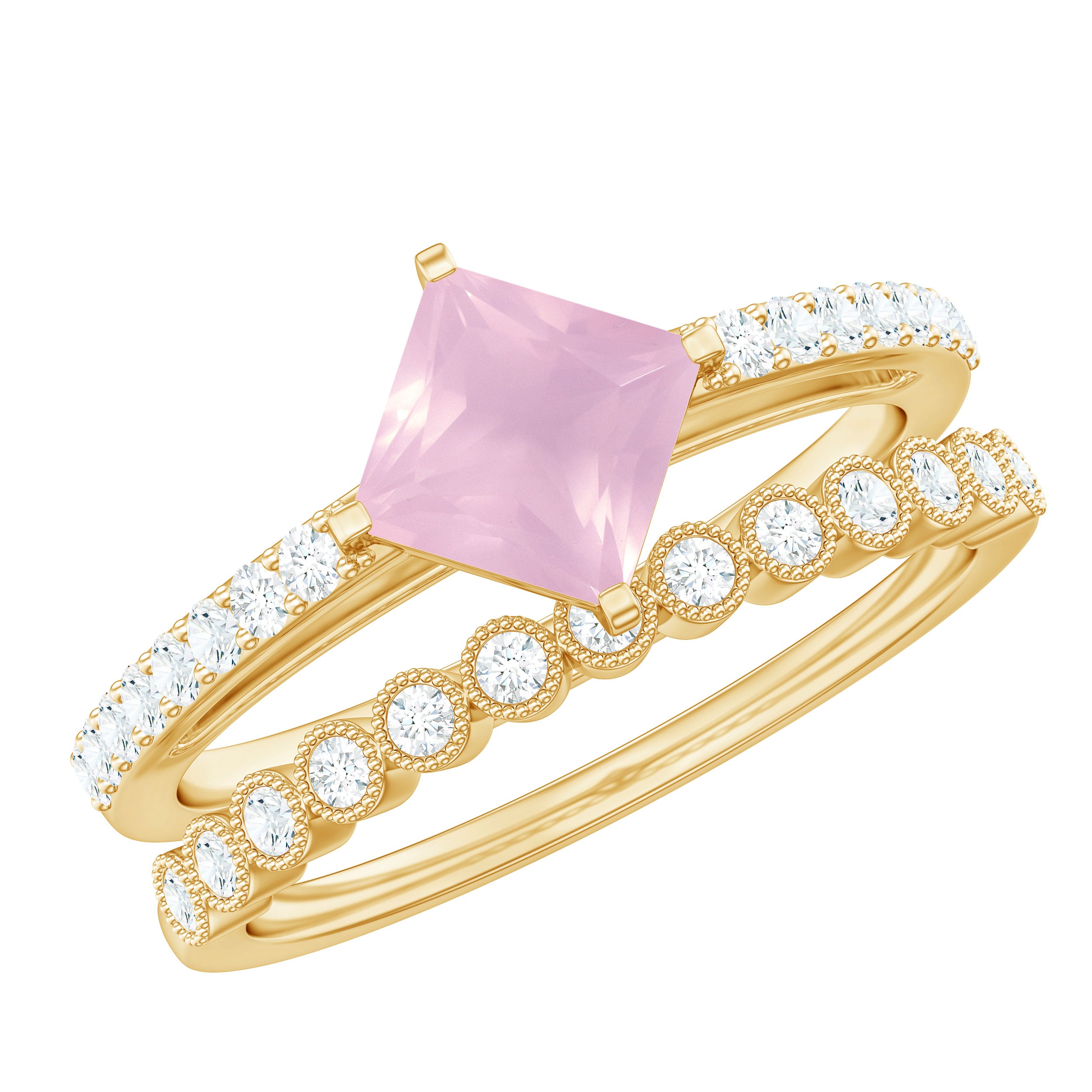 Solitaire Rose Quartz and Diamond Ring Set Rose Quartz - ( AAA ) - Quality - Rosec Jewels