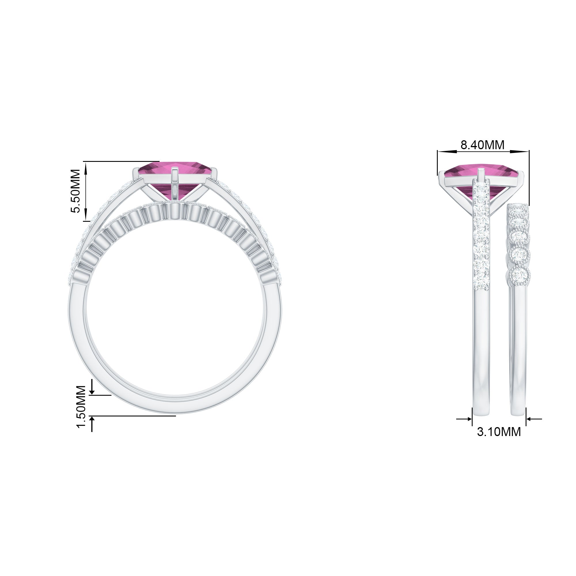 Princess Cut Pink tourmaline Wedding Ring Set with Moissanite Pink Tourmaline - ( AAA ) - Quality - Rosec Jewels