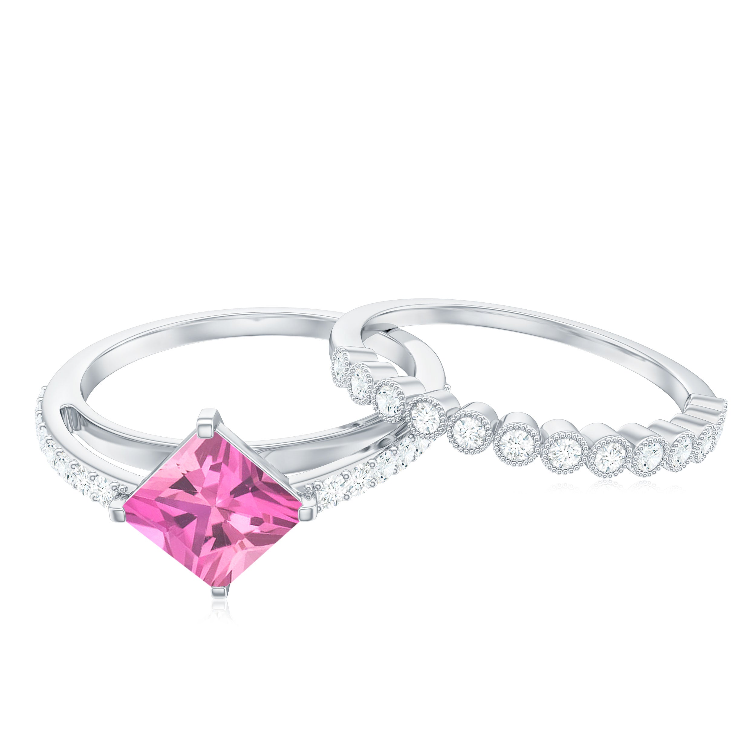 Princess Cut Pink tourmaline Wedding Ring Set with Moissanite Pink Tourmaline - ( AAA ) - Quality - Rosec Jewels