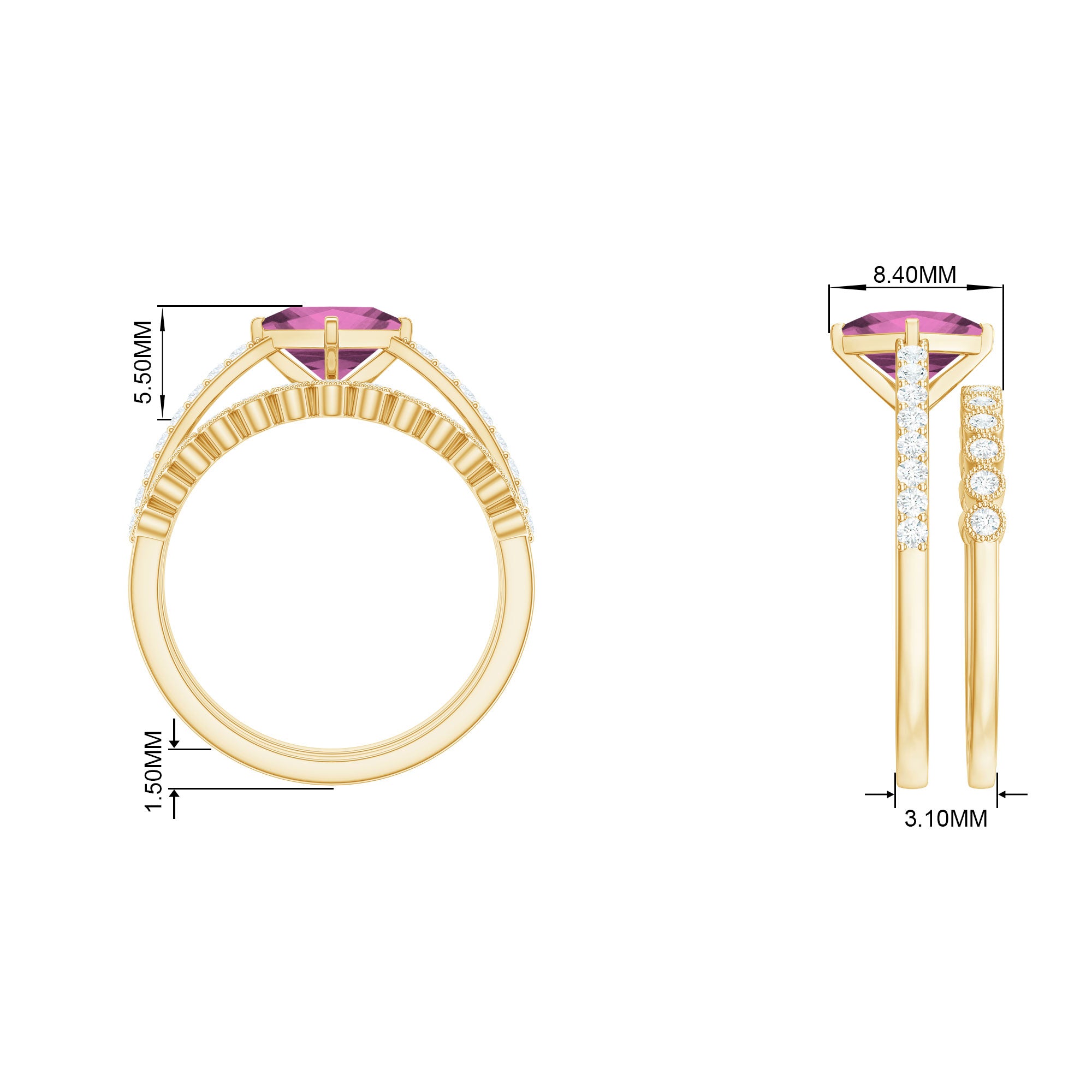 Princess Cut Pink tourmaline Wedding Ring Set with Moissanite Pink Tourmaline - ( AAA ) - Quality - Rosec Jewels