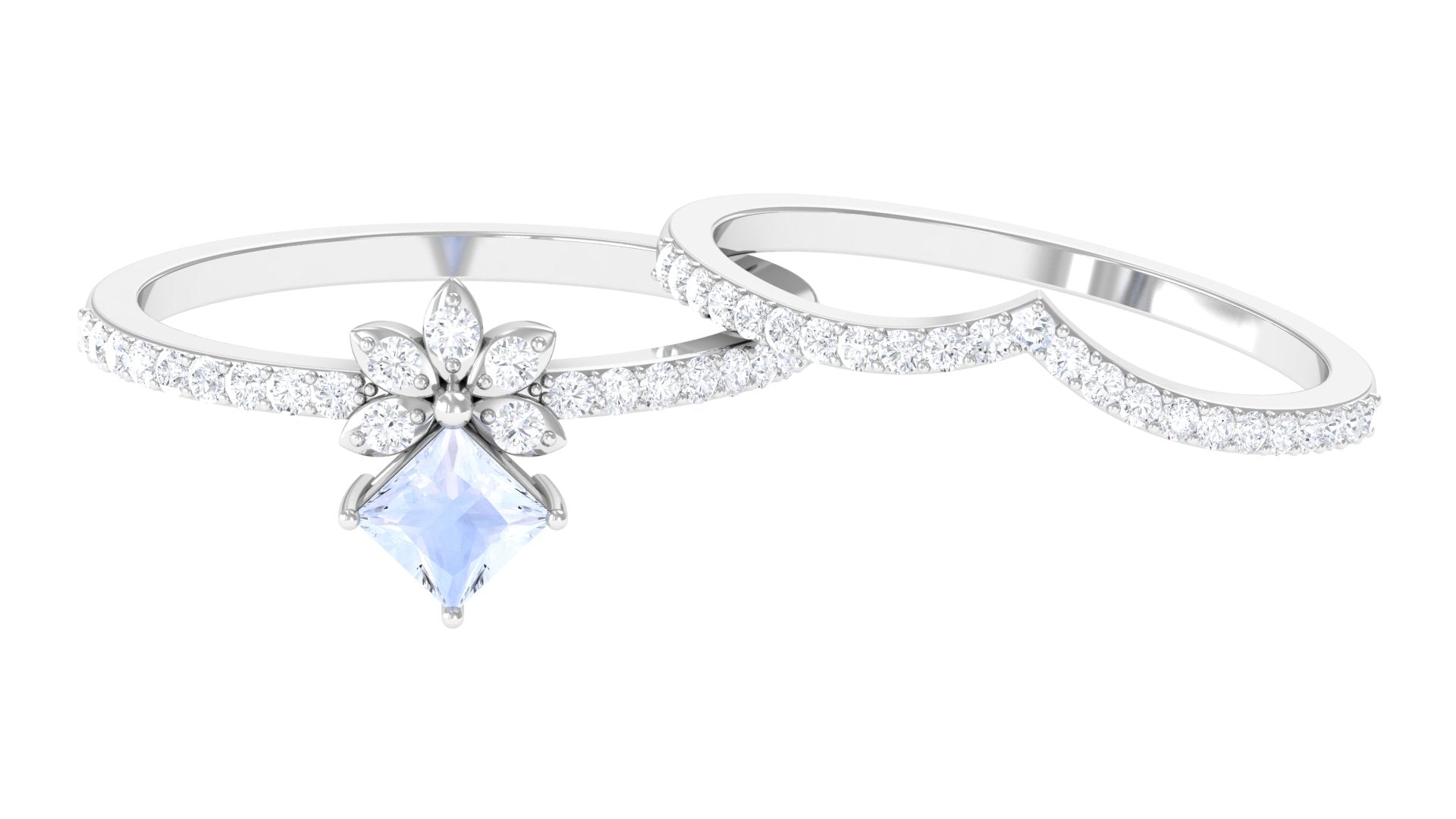 Princess Cut Moonstone and Diamond Flower Ring Set Moonstone - ( AAA ) - Quality - Rosec Jewels