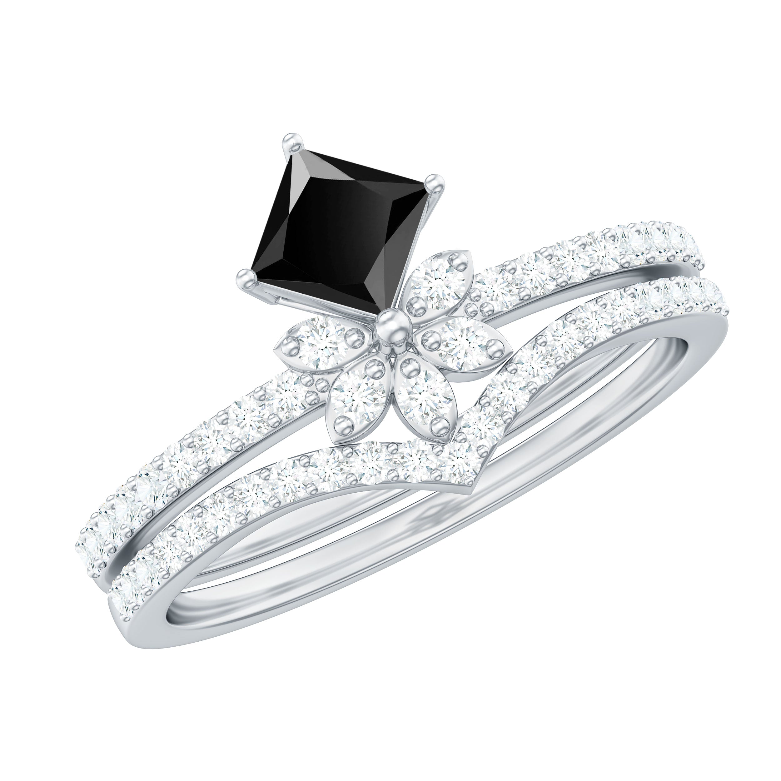 Princess Cut Black Onyx and Diamond Flower Ring Set Black Onyx - ( AAA ) - Quality - Rosec Jewels