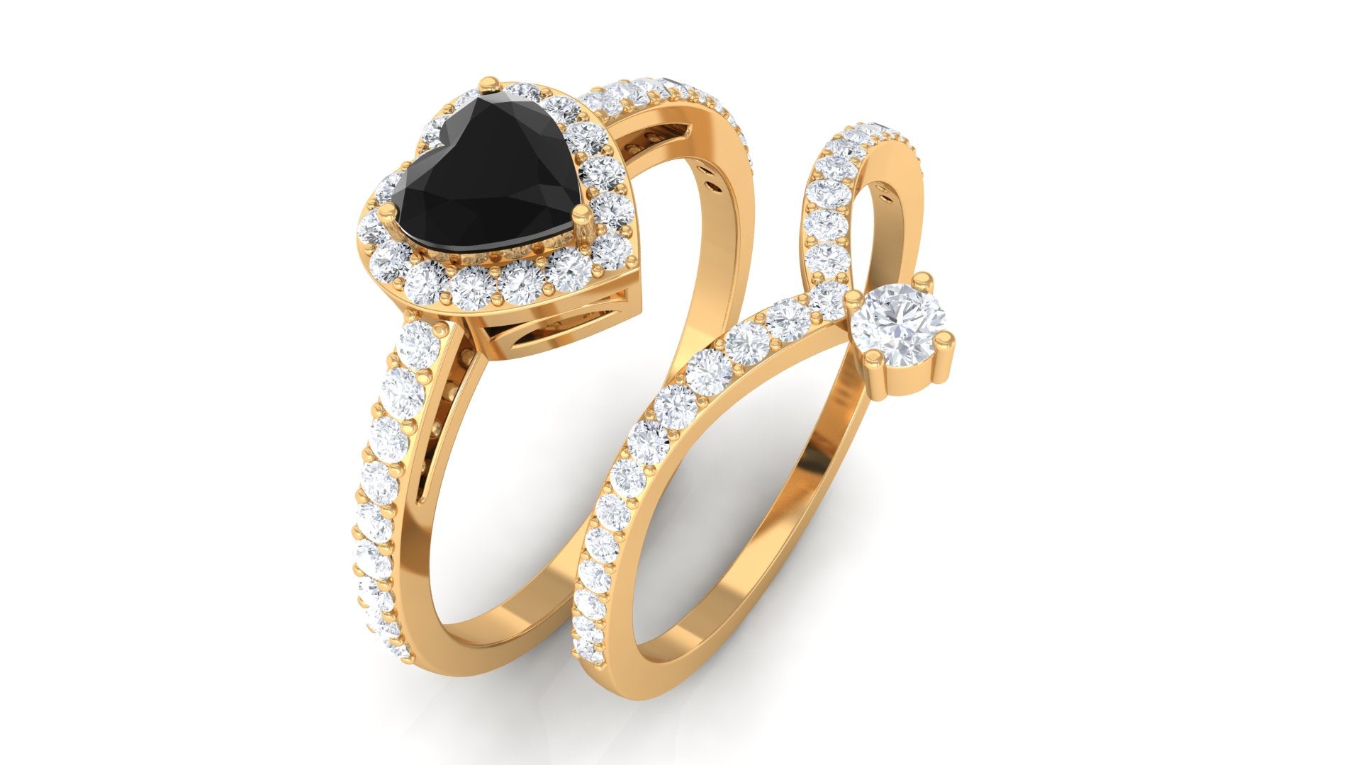 Heart Shape Natural Black Onyx Ring Set with Diamond Black Onyx - ( AAA ) - Quality - Rosec Jewels