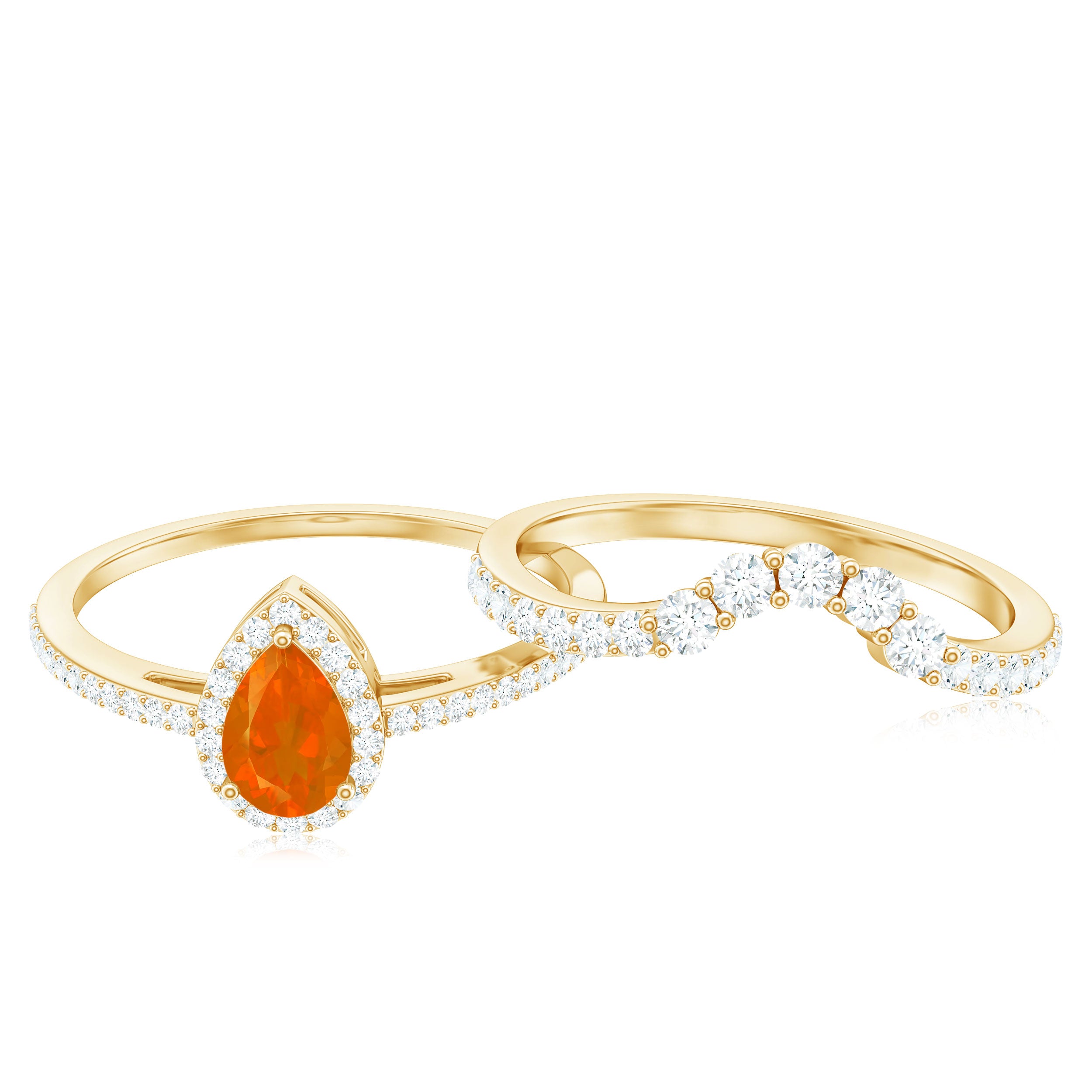 Fire Opal Designer Teardrop Ring Set with Moissanite Halo Fire Opal - ( AAA ) - Quality - Rosec Jewels