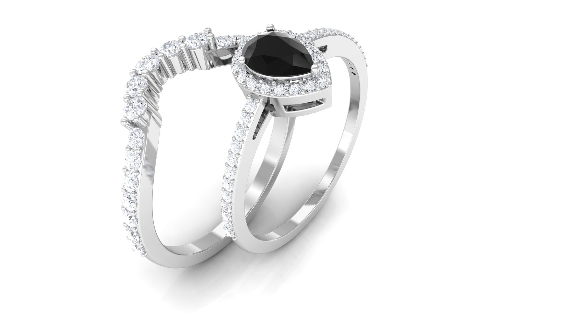 Black Onyx Teardrop Designer Ring Set with Moissanite Black Onyx - ( AAA ) - Quality - Rosec Jewels