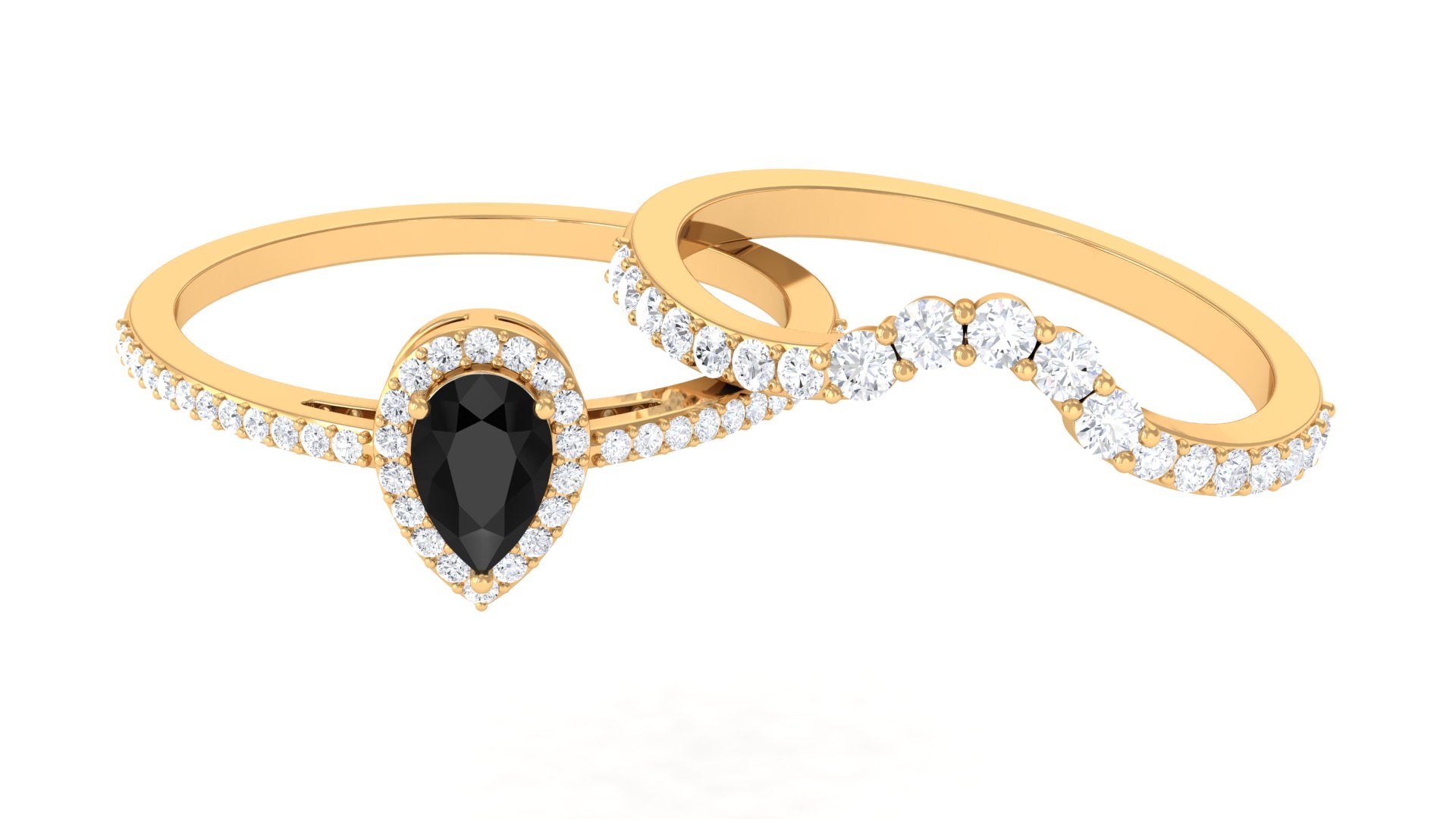 Black Onyx Teardrop Designer Ring Set with Moissanite Black Onyx - ( AAA ) - Quality - Rosec Jewels