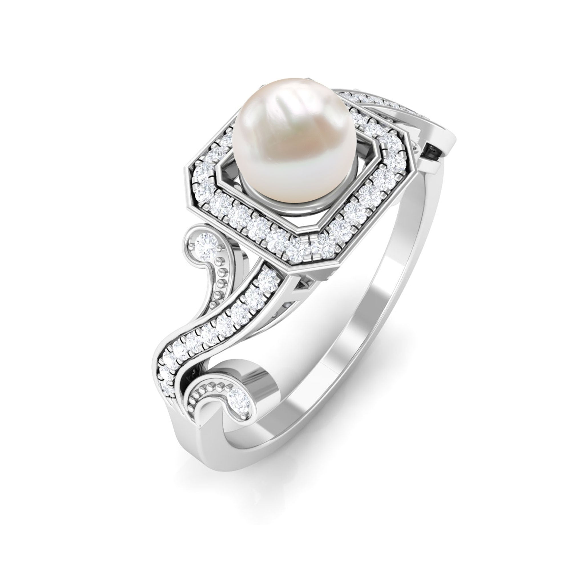 2.25 CT Freshwater Pearl and Diamond Vintage Engagement Ring Freshwater Pearl - ( AAA ) - Quality - Rosec Jewels