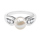 Bead Set Freshwater Pearl Solitaire Ring with Diamond Side Stones Freshwater Pearl - ( AAA ) - Quality - Rosec Jewels