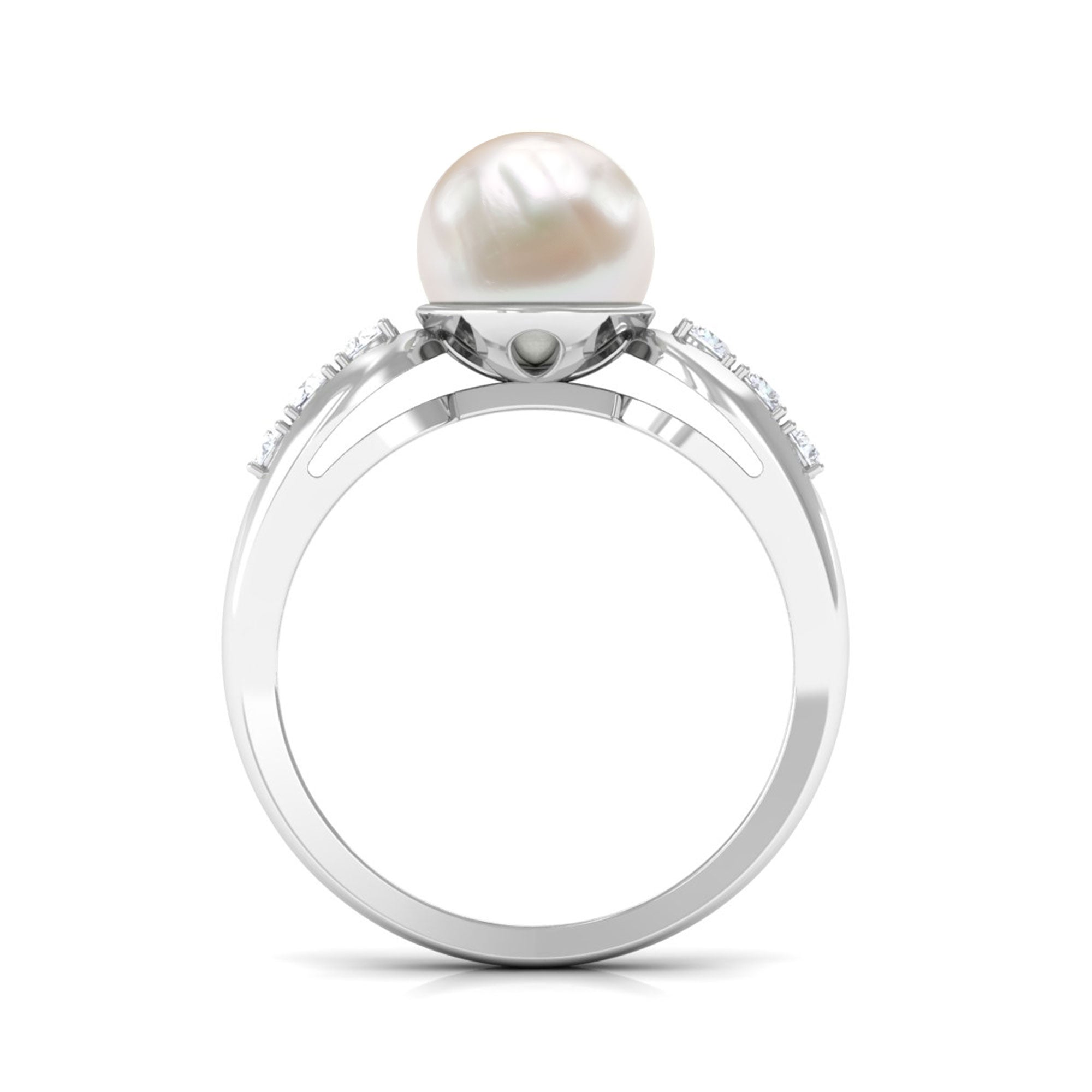 Bead Set Freshwater Pearl Solitaire Ring with Diamond Side Stones Freshwater Pearl - ( AAA ) - Quality - Rosec Jewels