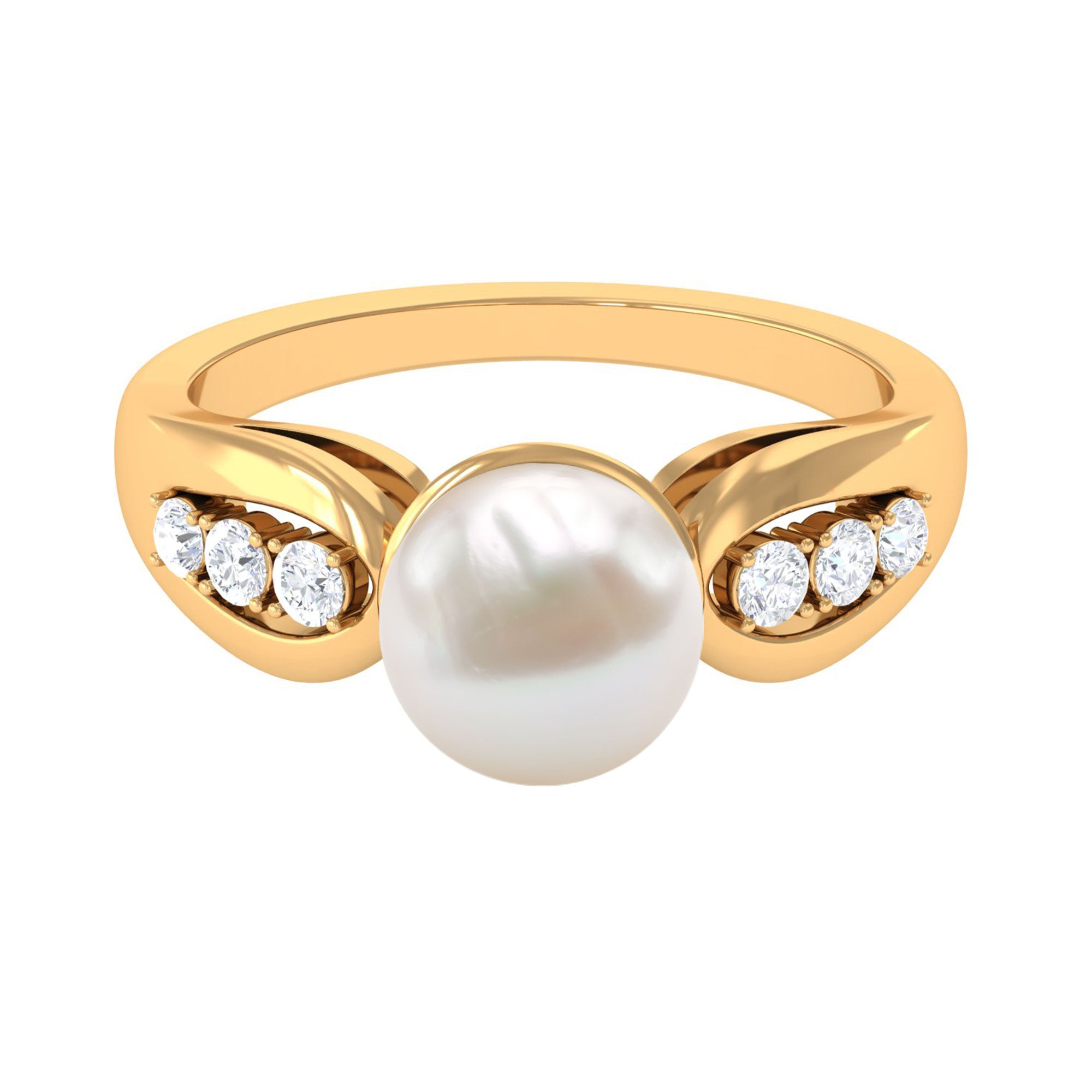 Bead Set Freshwater Pearl Solitaire Ring with Diamond Side Stones Freshwater Pearl - ( AAA ) - Quality - Rosec Jewels