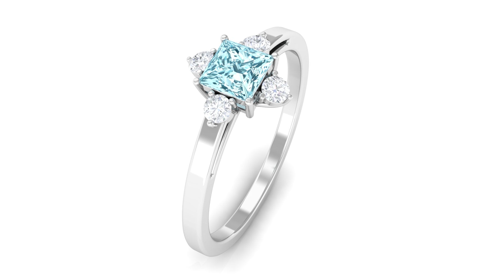 Princess Aquamarine Solitaire Promise Ring with Diamond Aquamarine - ( AAA ) - Quality - Rosec Jewels