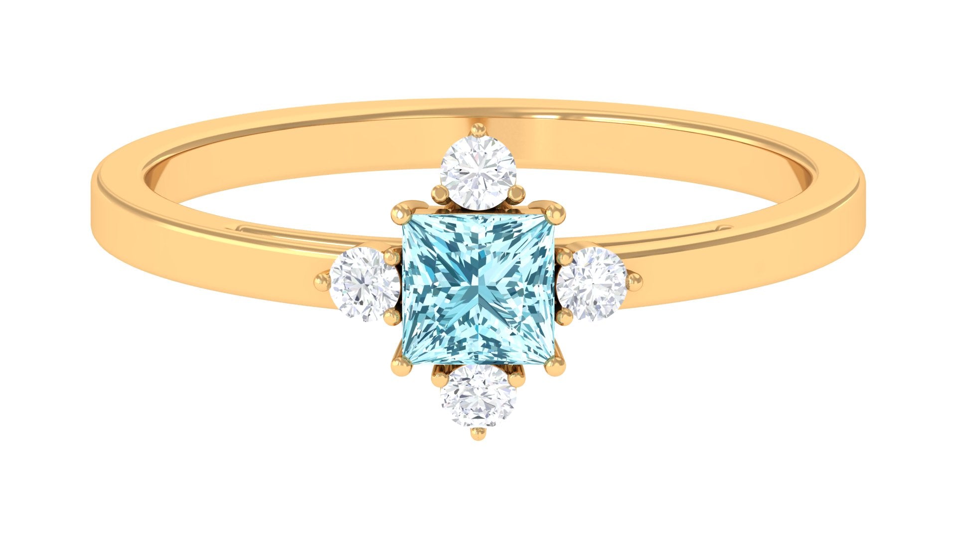 Princess Aquamarine Solitaire Promise Ring with Diamond Aquamarine - ( AAA ) - Quality - Rosec Jewels