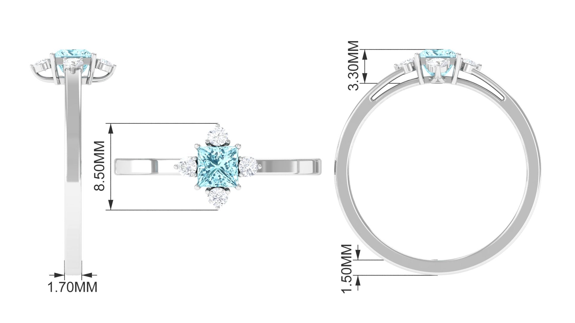 Princess Aquamarine Solitaire Promise Ring with Diamond Aquamarine - ( AAA ) - Quality - Rosec Jewels