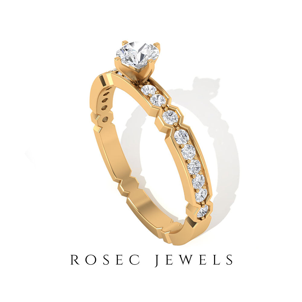 Shimmery Diamond Solitaire Engagement Ring with Side Stone Diamond - ( HI-SI ) - Color and Clarity - Rosec Jewels