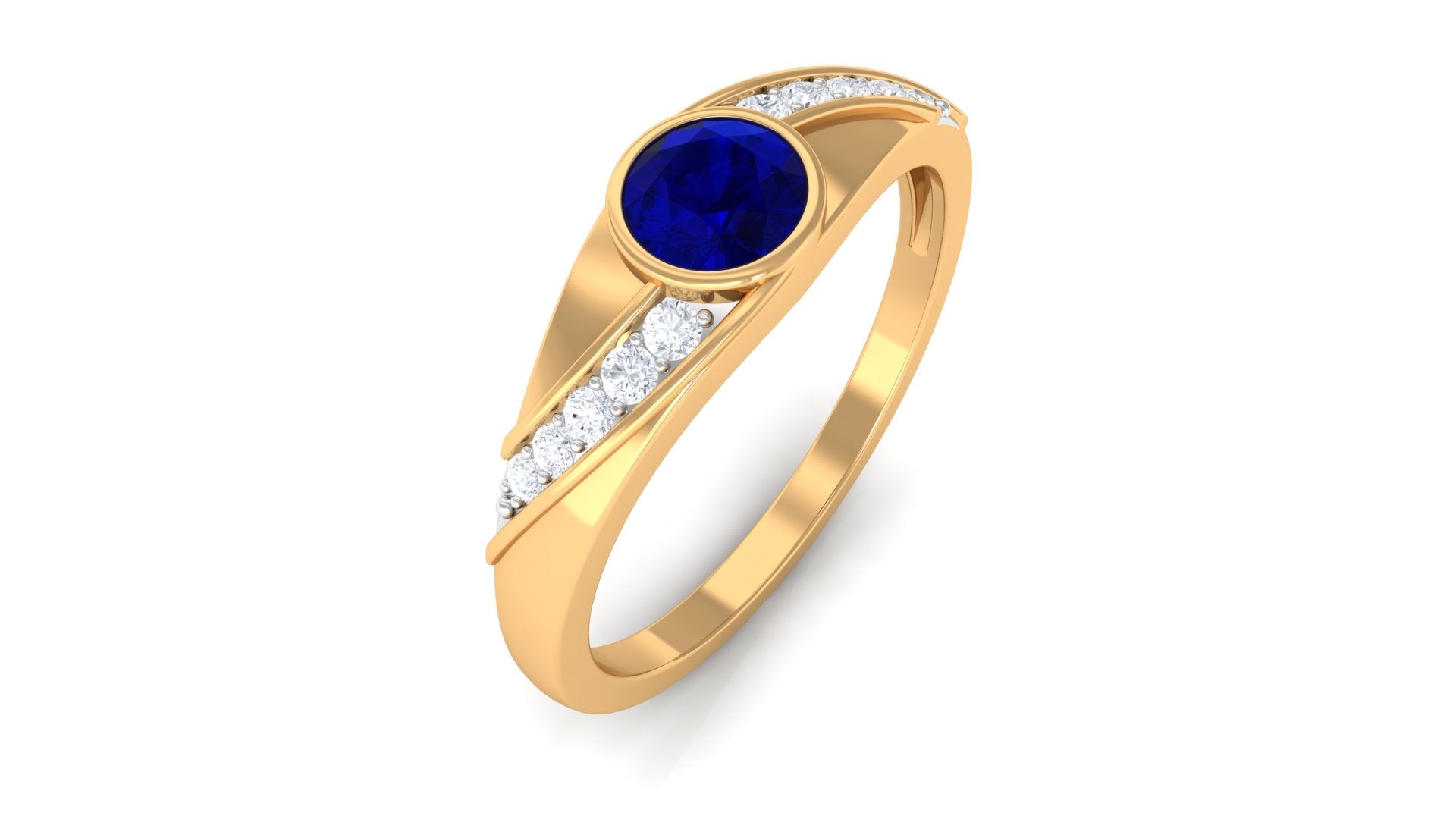 3/4 CT Bezel Set Blue Sapphire Classic Engagement Ring with Diamond Blue Sapphire - ( AAA ) - Quality - Rosec Jewels