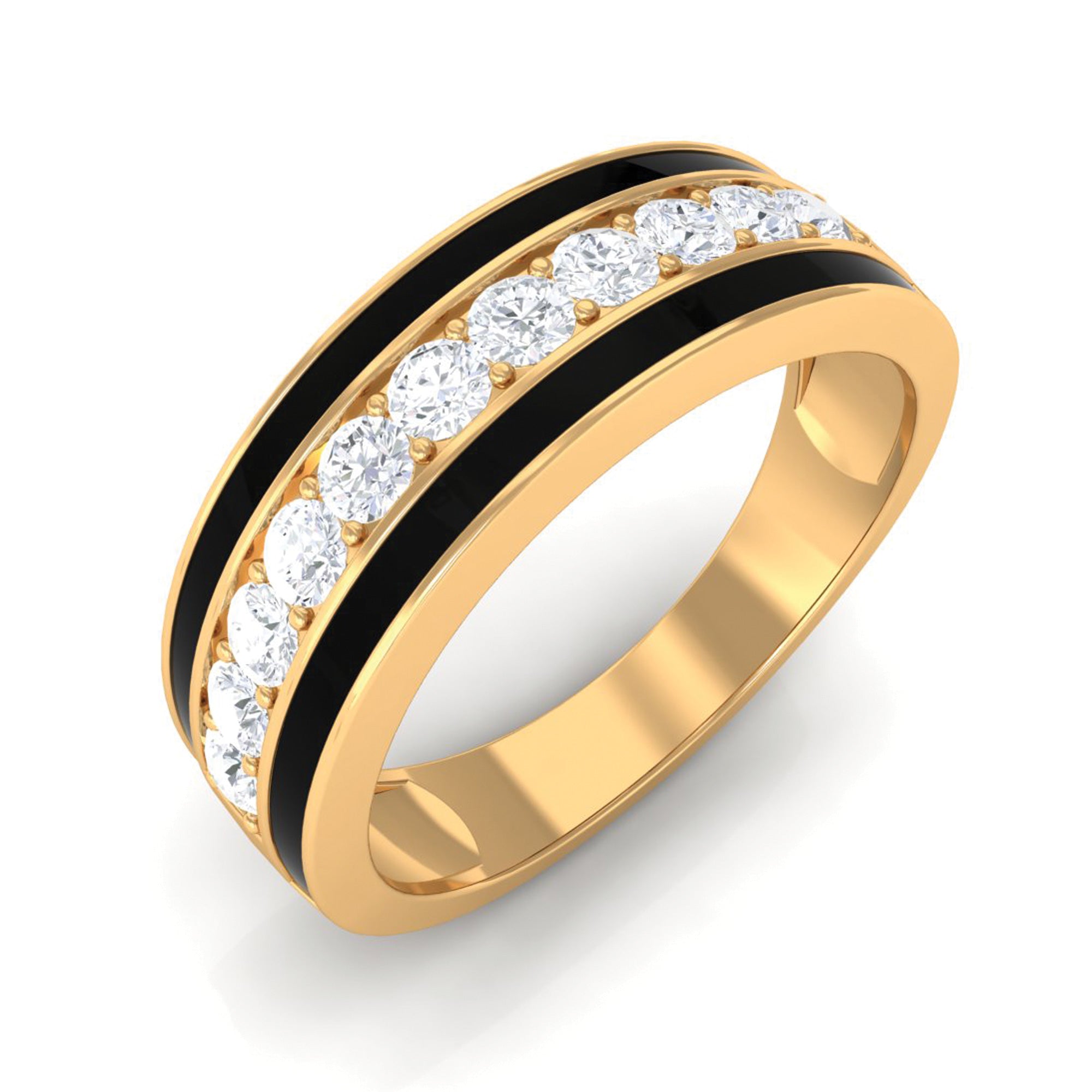 Natural Diamond Wide Band Ring with Enamel Diamond - ( HI-SI ) - Color and Clarity - Rosec Jewels