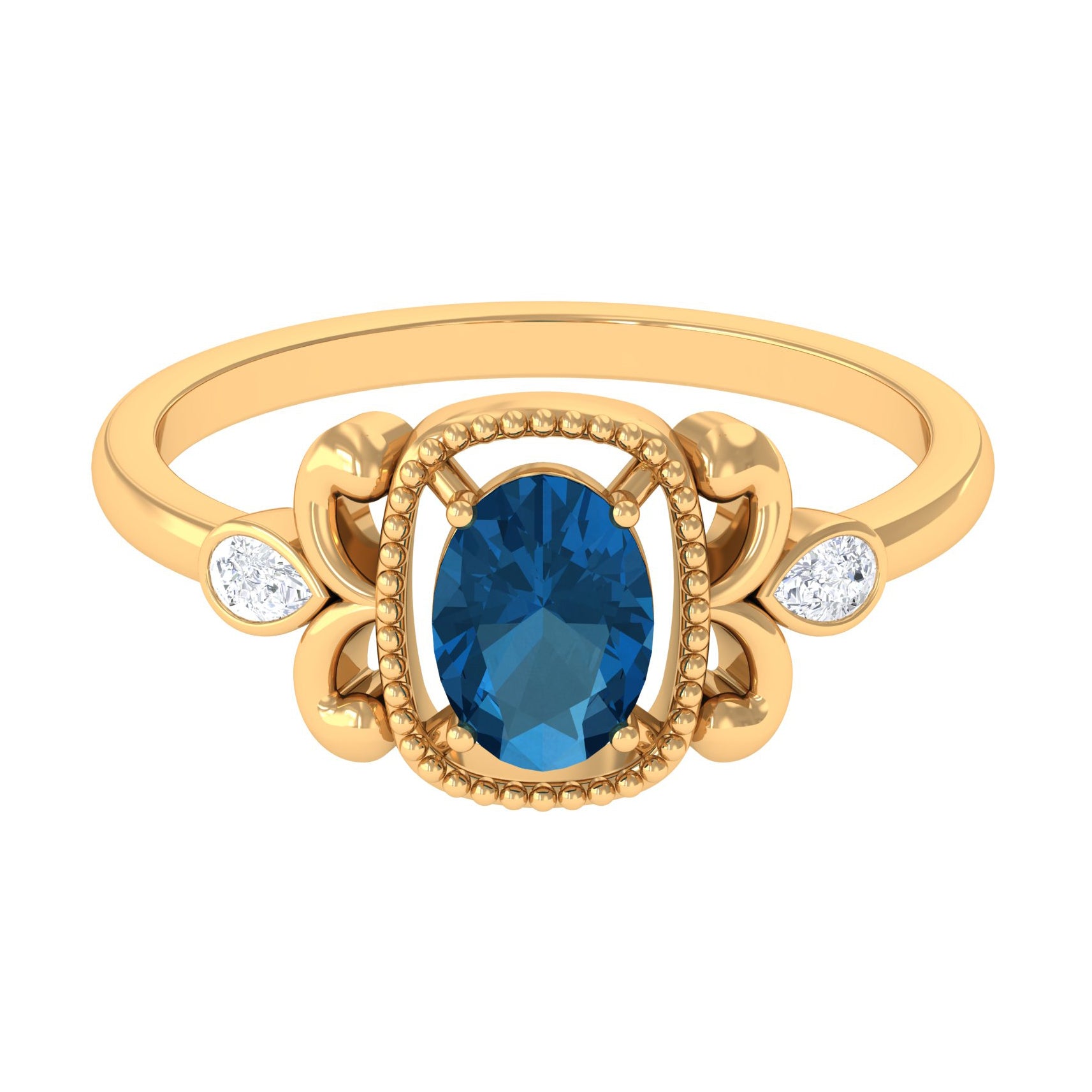 1.25 CT Oval London Blue Topaz Vintage Solitaire Ring with Diamond and Beaded London Blue Topaz - ( AAA ) - Quality - Rosec Jewels