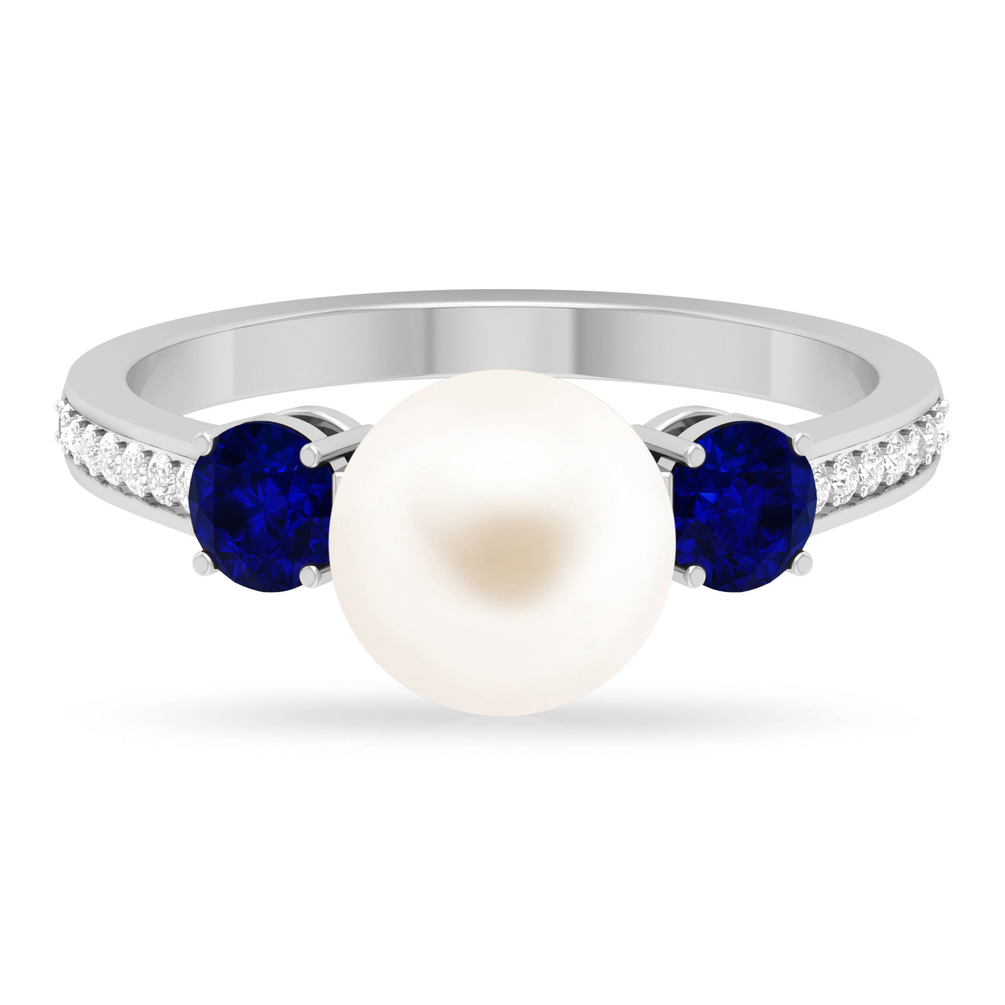 Freshwater Pearl and Blue Sapphire Engagement Ring with Moissanite Freshwater Pearl - ( AAA ) - Quality - Rosec Jewels