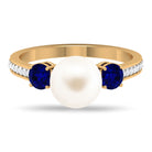 Freshwater Pearl and Blue Sapphire Engagement Ring with Moissanite Freshwater Pearl - ( AAA ) - Quality - Rosec Jewels