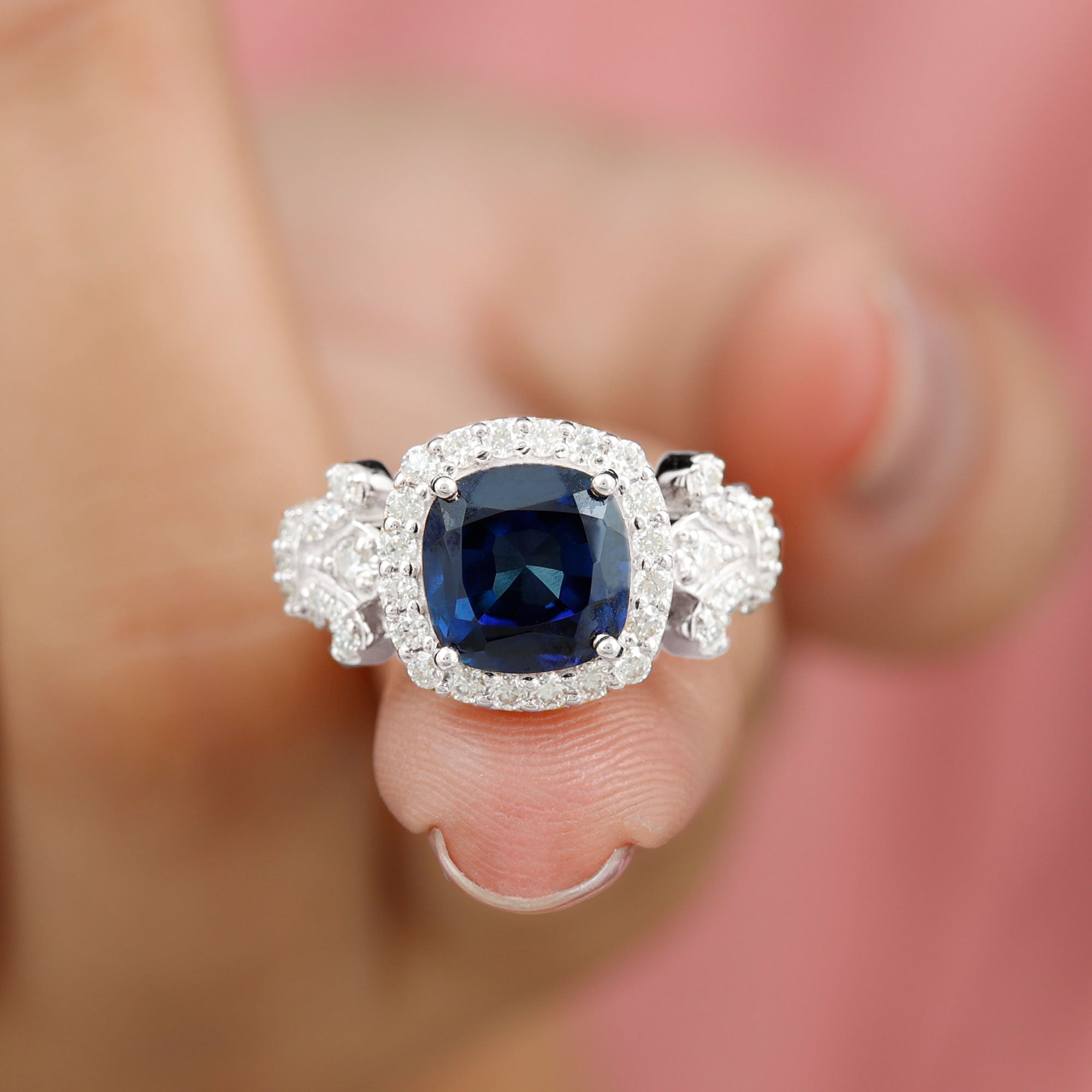 3.5 CT Cushion Cut Created Blue Sapphire Engagement Ring with Diamond Accent Lab Created Blue Sapphire - ( AAAA ) - Quality - Rosec Jewels